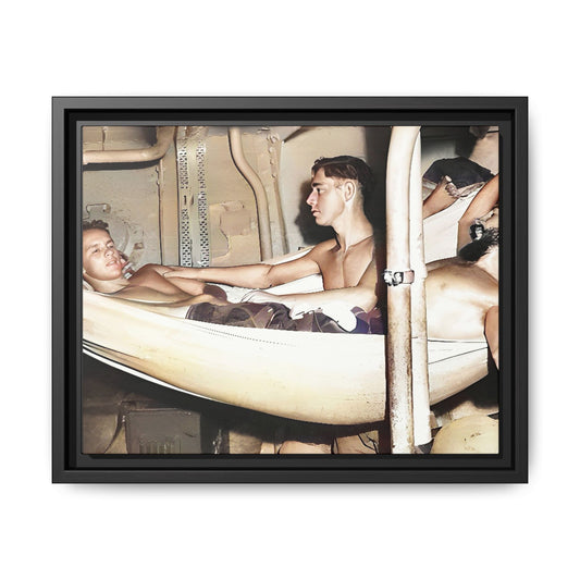 A framed vintage maritime photo on matte canvas featuring sailors aboard the Orleans, capturing life at sea and camaraderie.