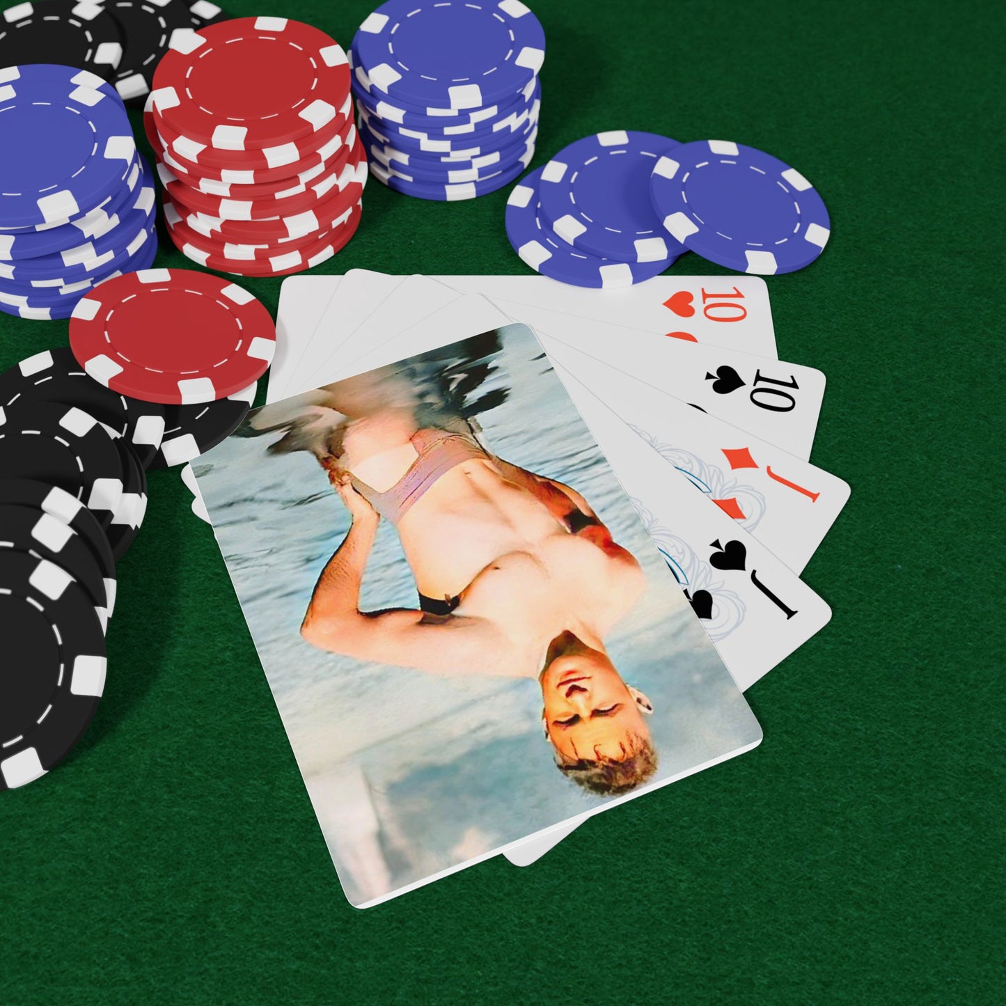 Vintage poker cards featuring a restored photo of a young man standing in Lake Wawasee, Indiana, in classic 1930s swimwear.