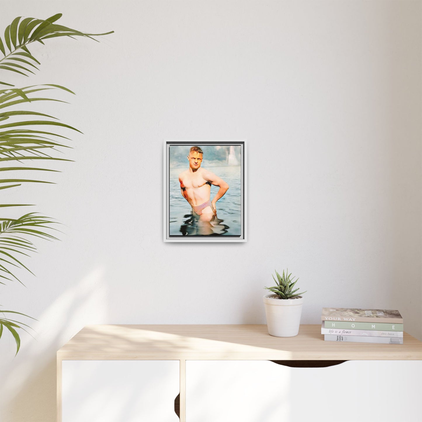Restored 1940s vintage photo of Lewis standing waist-deep in Lake Wawasee, Indiana, radiating confidence and vitality, framed as wall art.