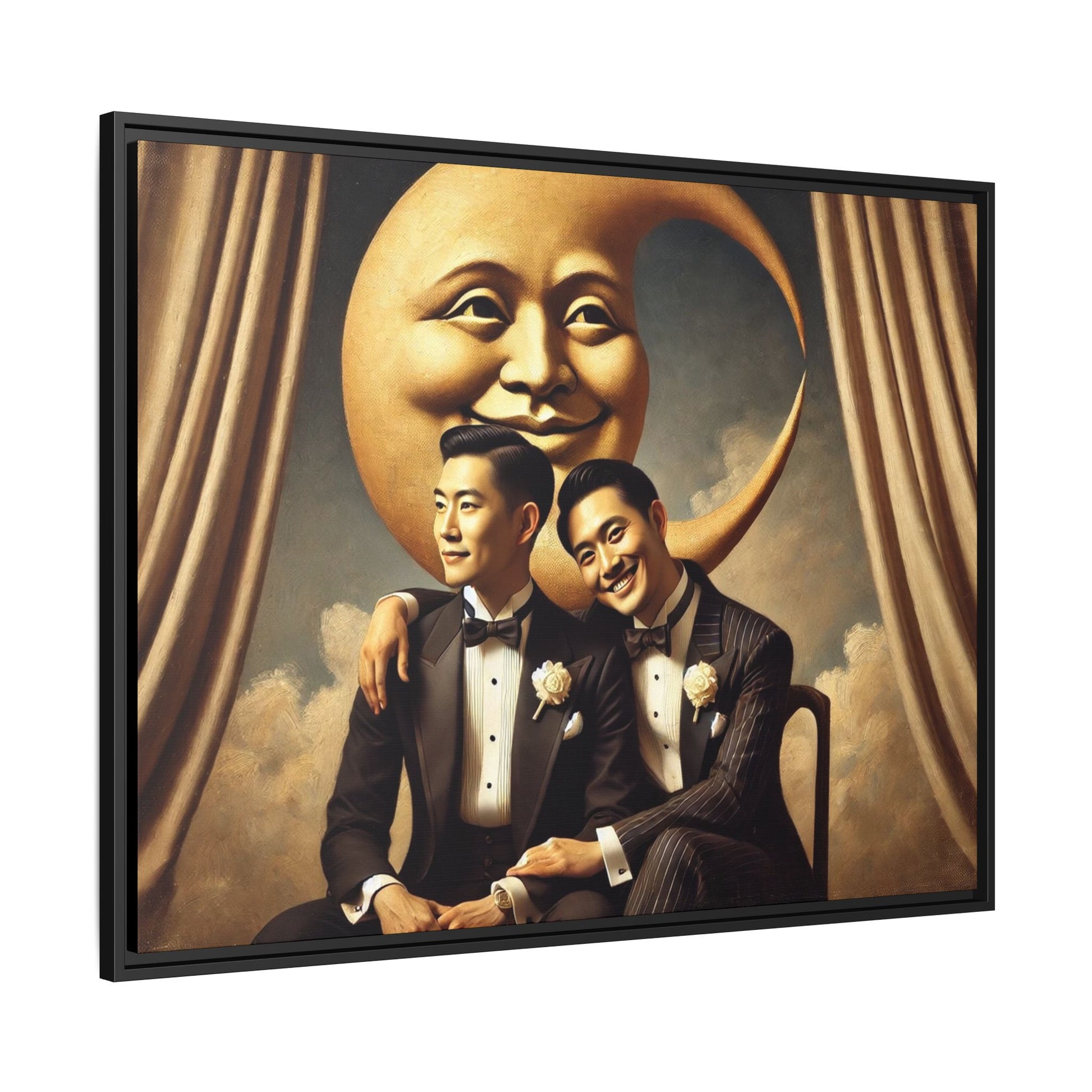 Vintage-inspired artwork of a romantic gay Asian couple in tuxedos sitting affectionately beneath a smiling crescent moon prop, surrounded by vintage stage curtains and dreamy clouds. A reclaimed queer narrative from the Man In The Moon series.