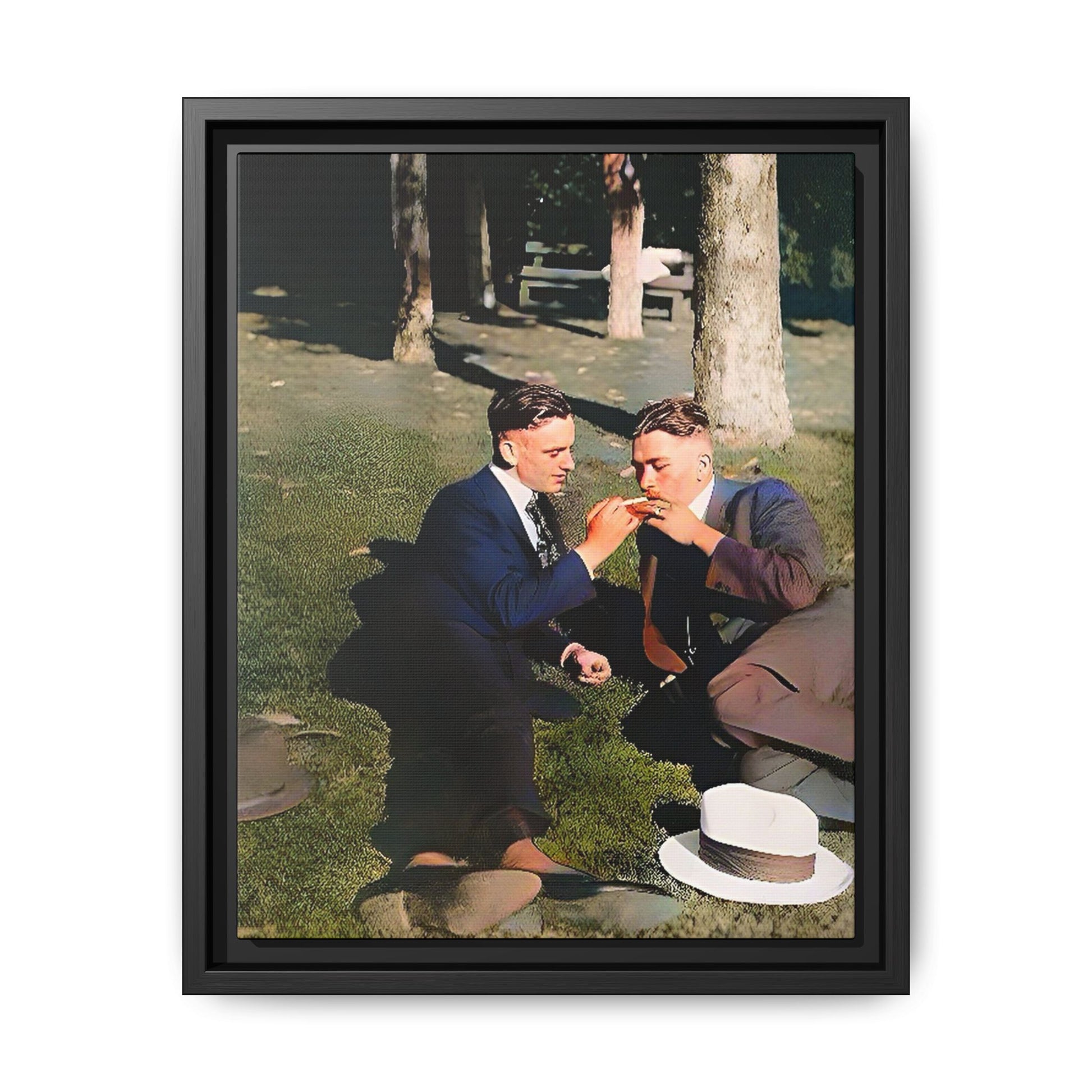 A framed vintage portrait on matte canvas featuring Oscar and Iván in Central Park, Manhattan, capturing timeless love and 1920s elegance. Gay Couple Queer History