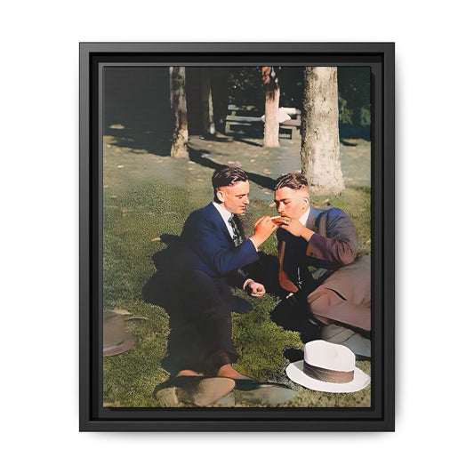 A framed vintage portrait on matte canvas featuring Oscar and Iván in Central Park, Manhattan, capturing timeless love and 1920s elegance. Gay Couple Queer History