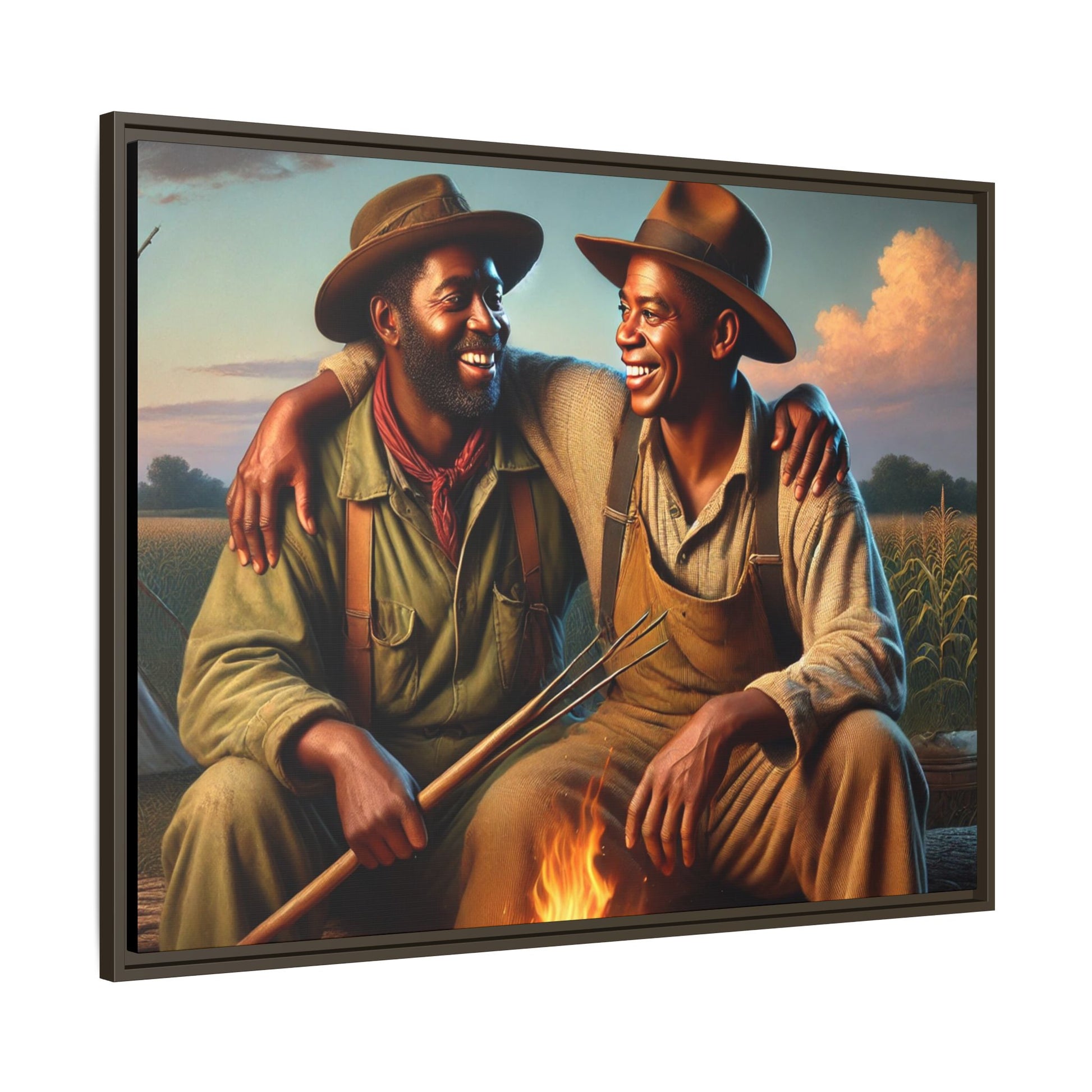 Artwork of an older African-American queer couple sharing a warm, joyful moment by a campfire in rural Iowa. Set against vast fields and an open sky, the scene captures love, resilience, and the nostalgic beauty of Americana, with firelight illuminating their laughter and companionship