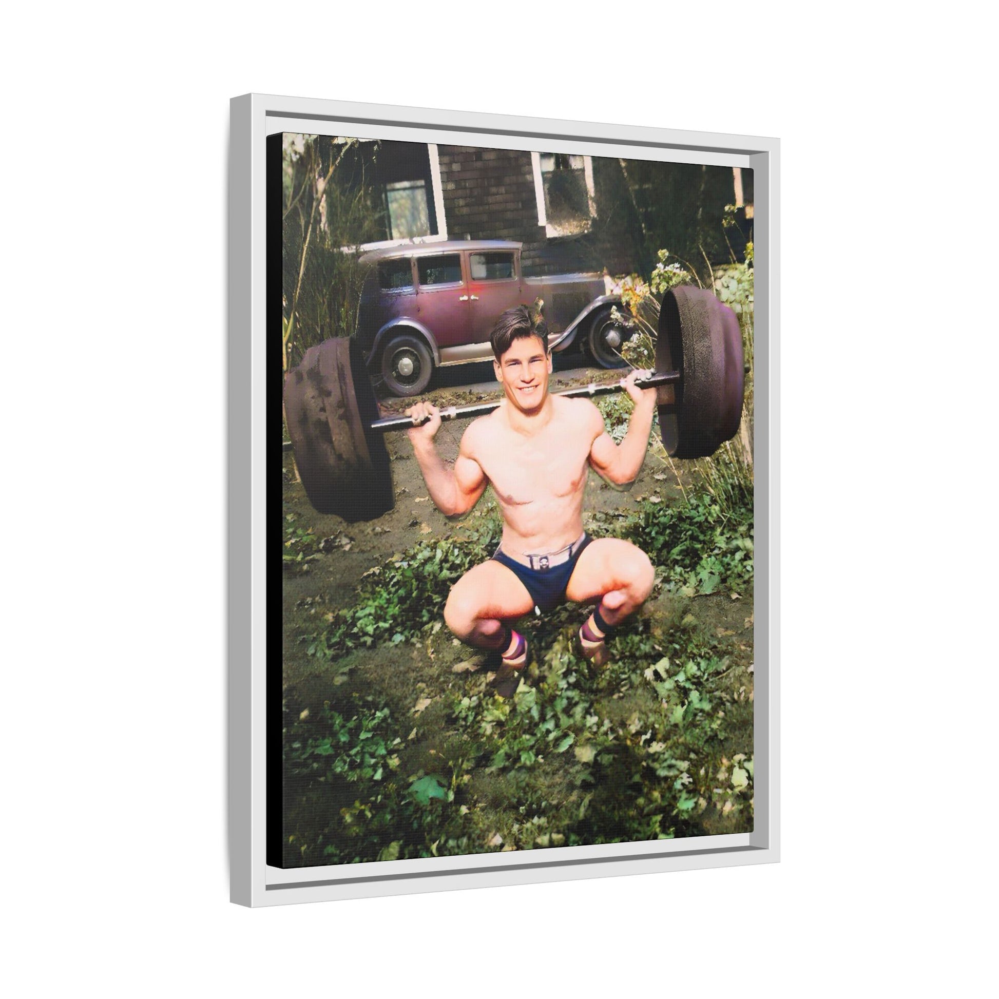 A restored 1934 vintage portrait of Wayne in Lake Forest, Illinois. This framed matte canvas captures strength, charm, and small-town American heritage. Gay Body Builder