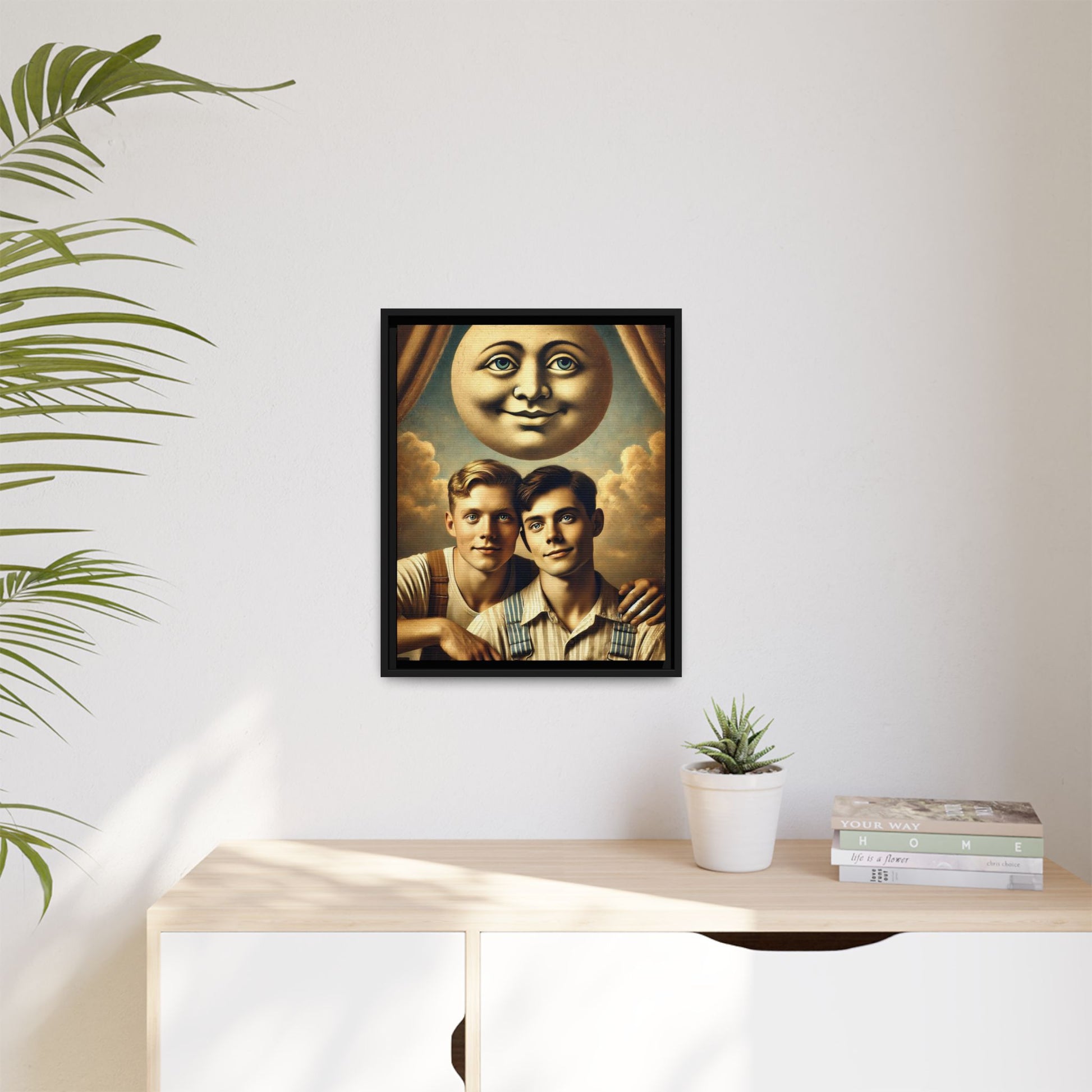 Framed matte canvas portrait featuring two young men in vintage overalls with a crescent moon prop above them. This artwork from the Missing Art Studies series reclaims LGBTQ+ imagery that may have been lost to bias, presenting warmth, intimacy, and presence.
