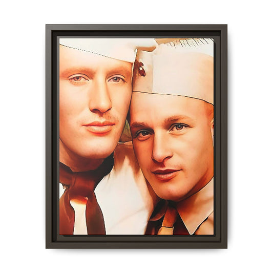 Vintage Gay photo booth portrait of Glenn & Sidney in Nantucket, MA. A heartwarming tribute to queer history, captured in a candid embrace. Available as a matte canvas print, perfect for celebrating love, identity, and nostalgia. Military Portrait