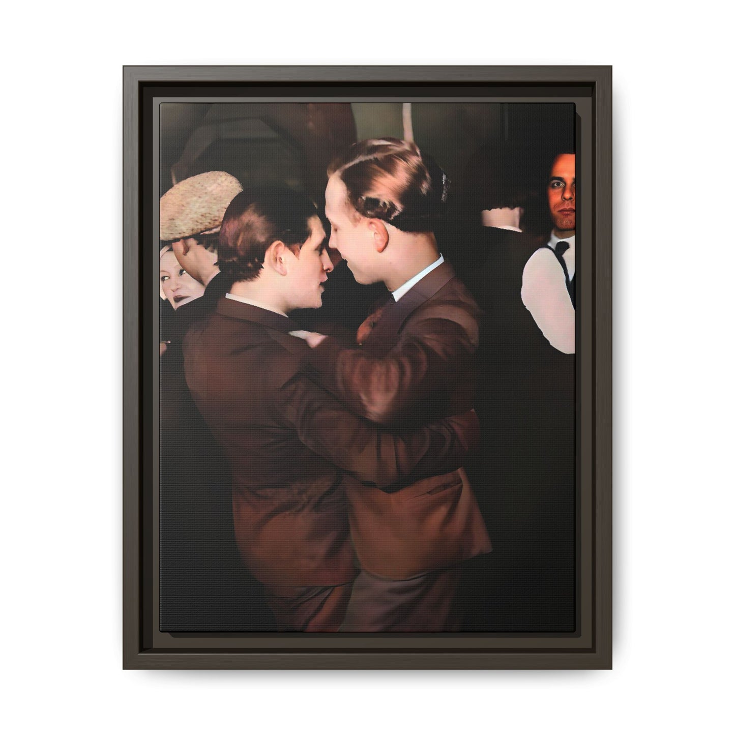 Vintage Gay dance portrait of Bernard & Leroy at an Atlanta soirée. Their embrace reflects timeless love and authenticity. A framed matte canvas print celebrating history, romance, and the elegance of shared moments.