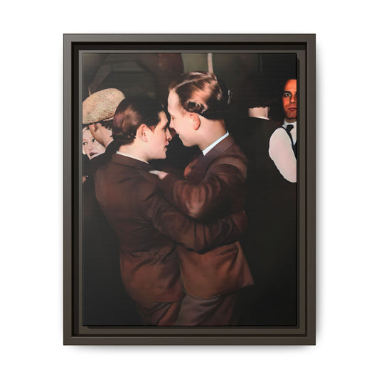 Vintage Gay dance portrait of Bernard & Leroy at an Atlanta soirée. Their embrace reflects timeless love and authenticity. A framed matte canvas print celebrating history, romance, and the elegance of shared moments.