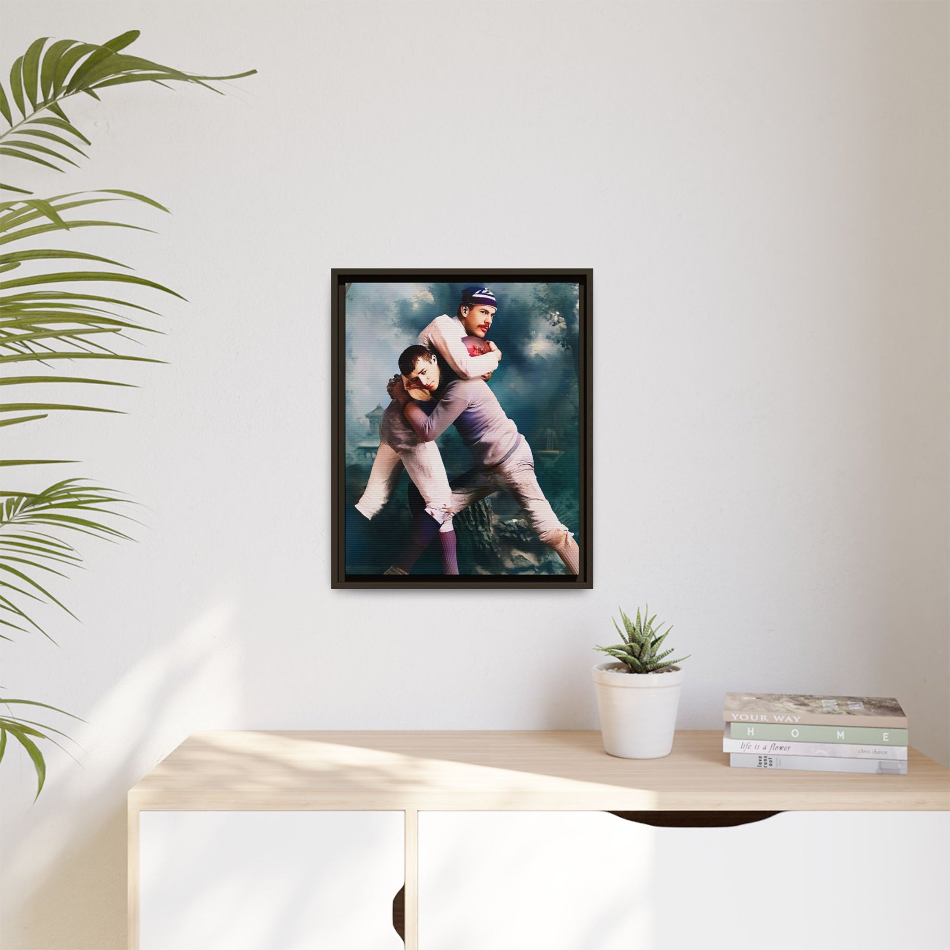 A framed vintage sports portrait on matte canvas featuring Theodore and Patrick in Chapel Hill, North Carolina, capturing timeless strength, camaraderie, and connection.