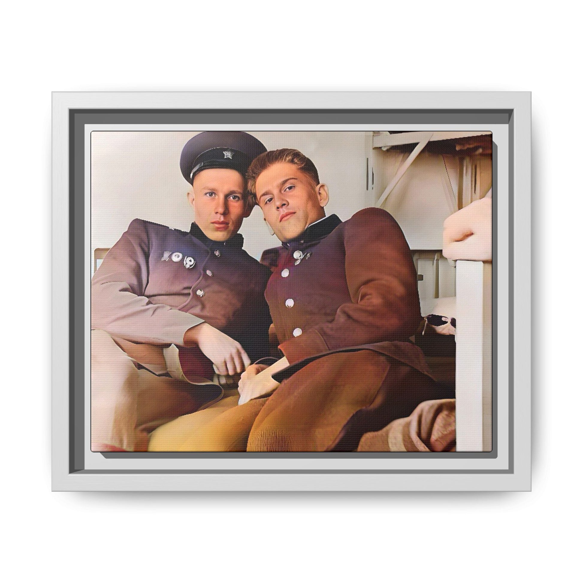 A restored vintage photograph of two Russian soldiers in uniform, seated together in their quarters in Volgograd, Russia. Their relaxed postures and warm expressions capture a moment of camaraderie, resilience, and military history. A powerful tribute to LGBTQ+ representation in the armed forces. Gay Couple Винтажное фото  гей-пара