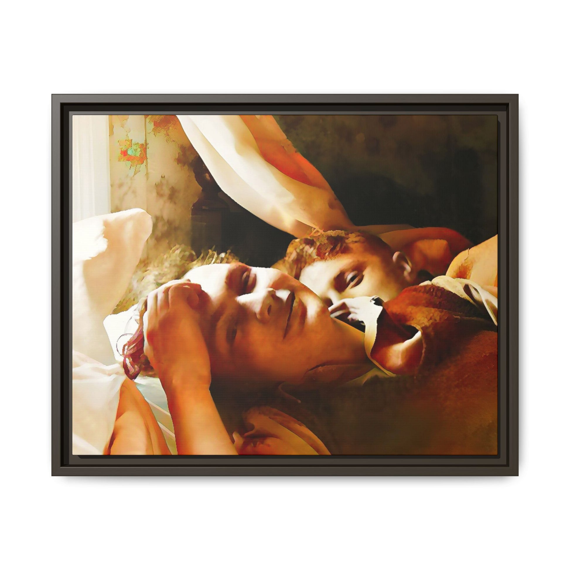 A heartwarming vintage portrait of Edwin and Floyd in Burlington, Vermont. This framed canvas print captures a quiet moment of LGBTQ+ love and intimacy, perfect for home decor, collectors, or as a sentimental gift celebrating timeless affection.