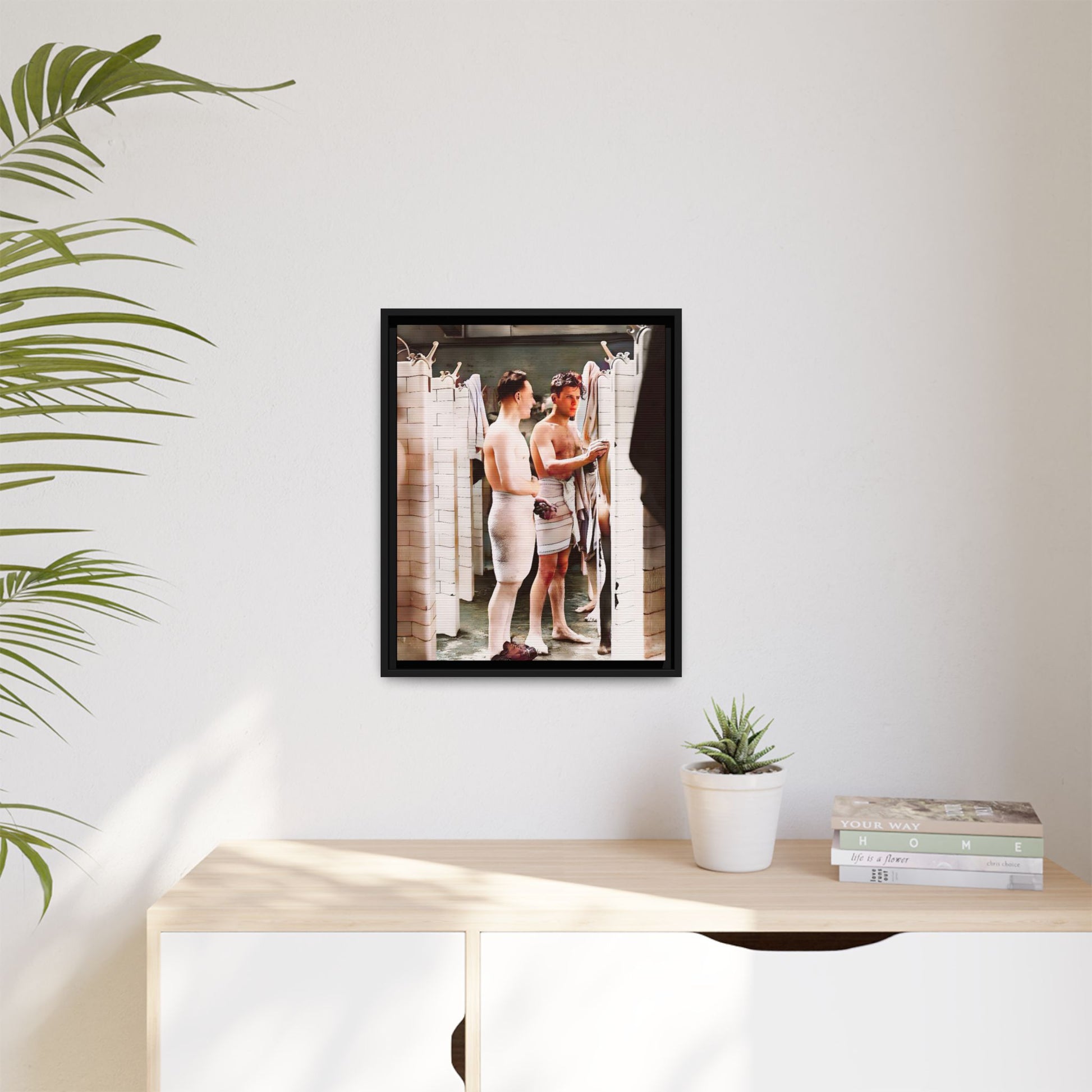 A restored and colorized vintage photo of Everard Baths in Manhattan, NYC. This framed matte canvas print celebrates LGBTQ+ history, capturing the spirit of camaraderie, liberation, and hidden stories from the past.