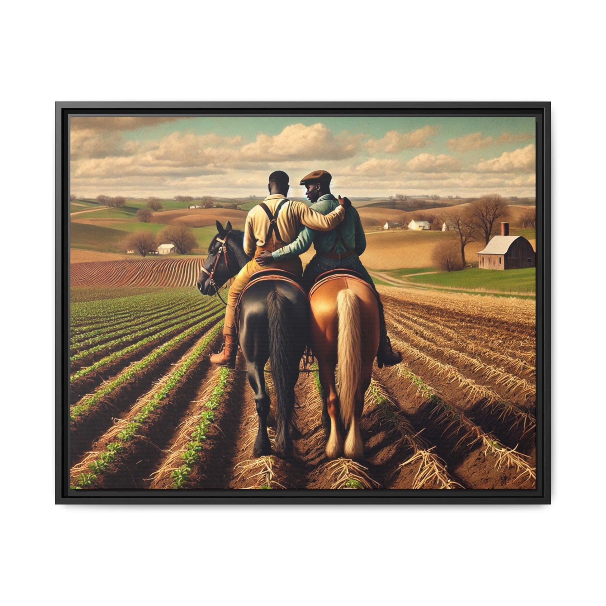 Artwork of an African-American gay couple riding horseback through expansive farmland, sharing a tender moment as they overlook lush fields. Dressed in rugged vintage attire, this scene captures resilience, love, and the charm of rural life, celebrating LGBTQ+ history and African-American heritage.