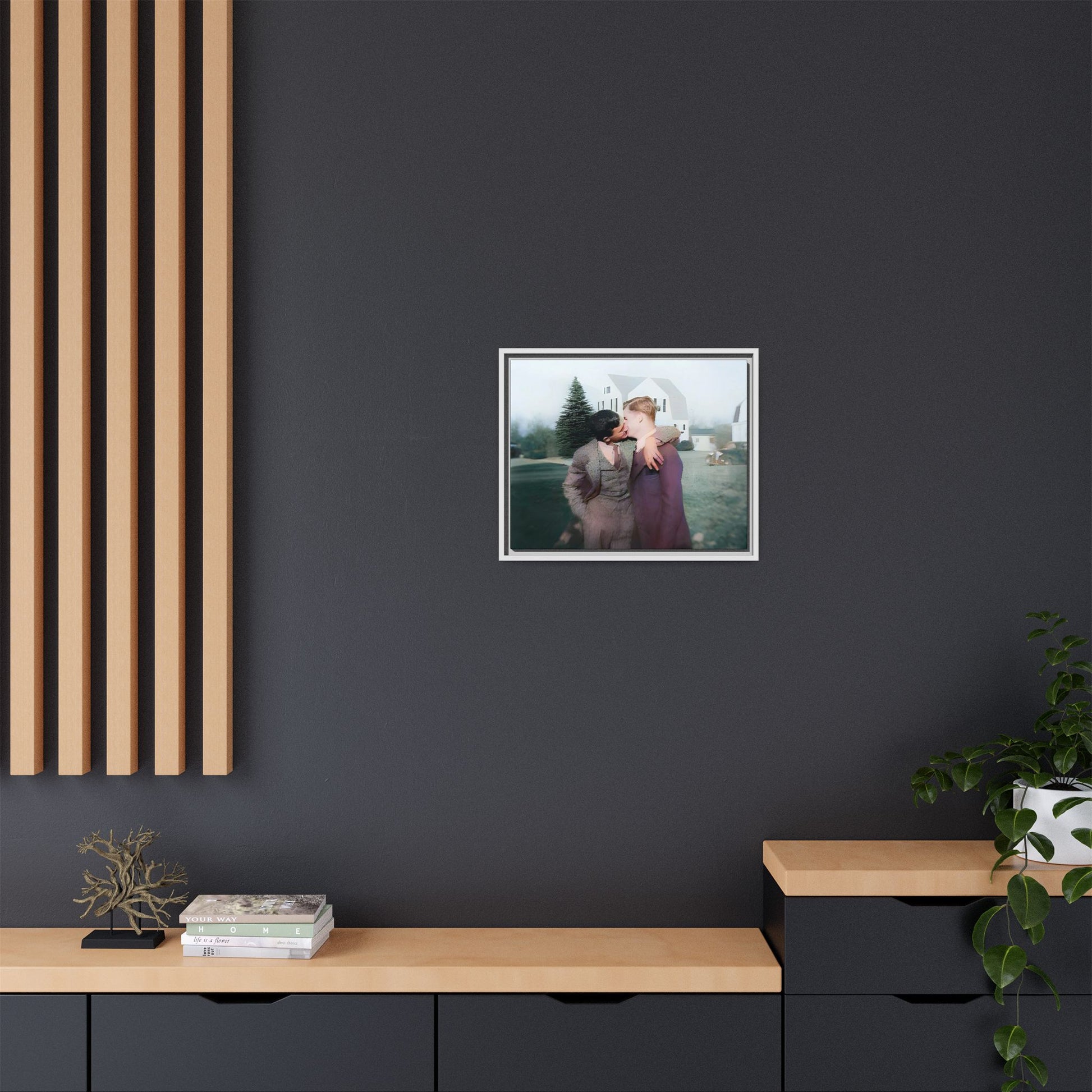A vintage LGBTQ+ portrait of Milton & Shawn in Londonderry, NH. This framed matte canvas captures a timeless moment of love and resilience, making it a perfect piece for collectors, history enthusiasts, and those celebrating love in all forms. Gay Couple Art