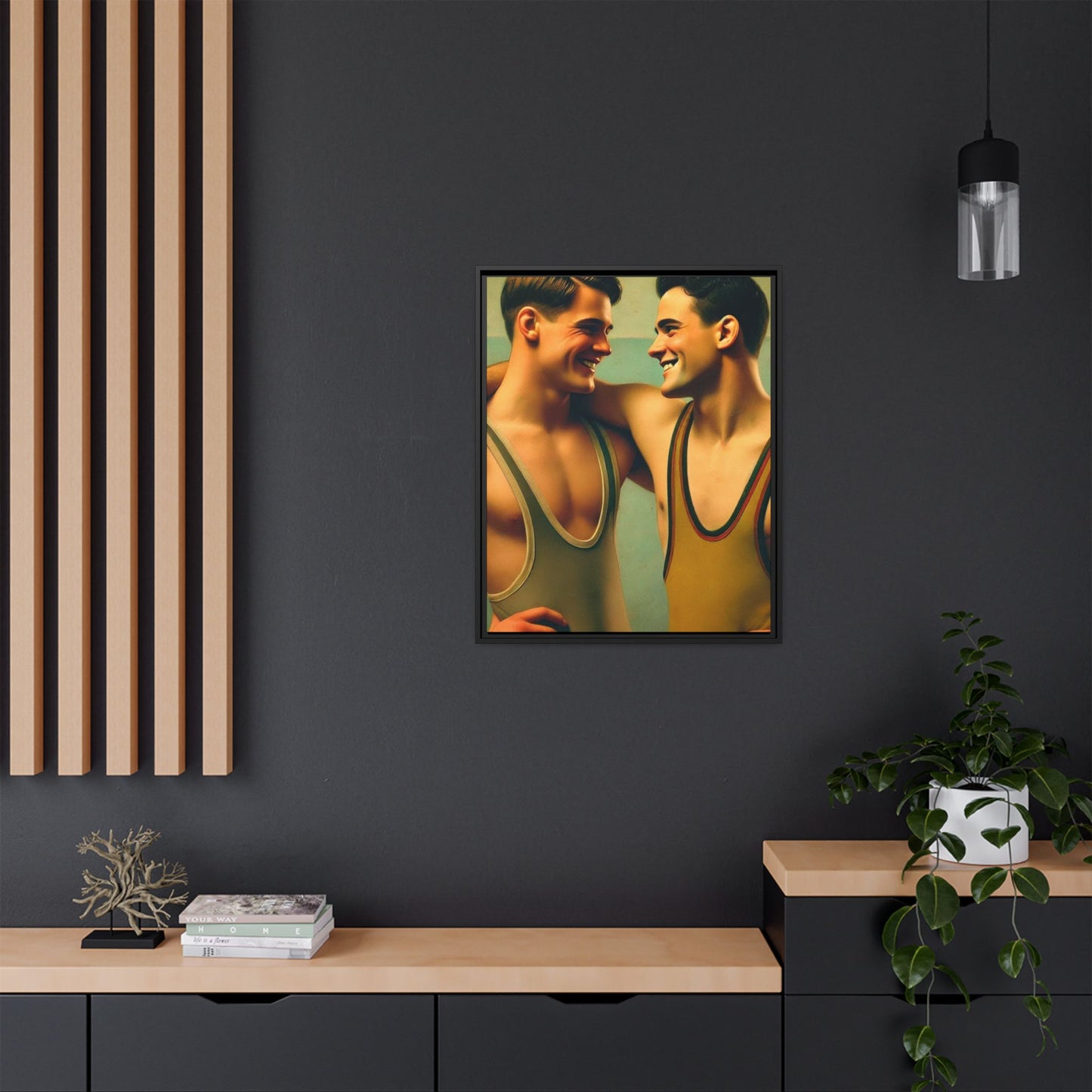 Framed artwork of two young wrestlers in vintage singlets sharing a candid moment, inspired by Grant Wood's Regionalist art style.