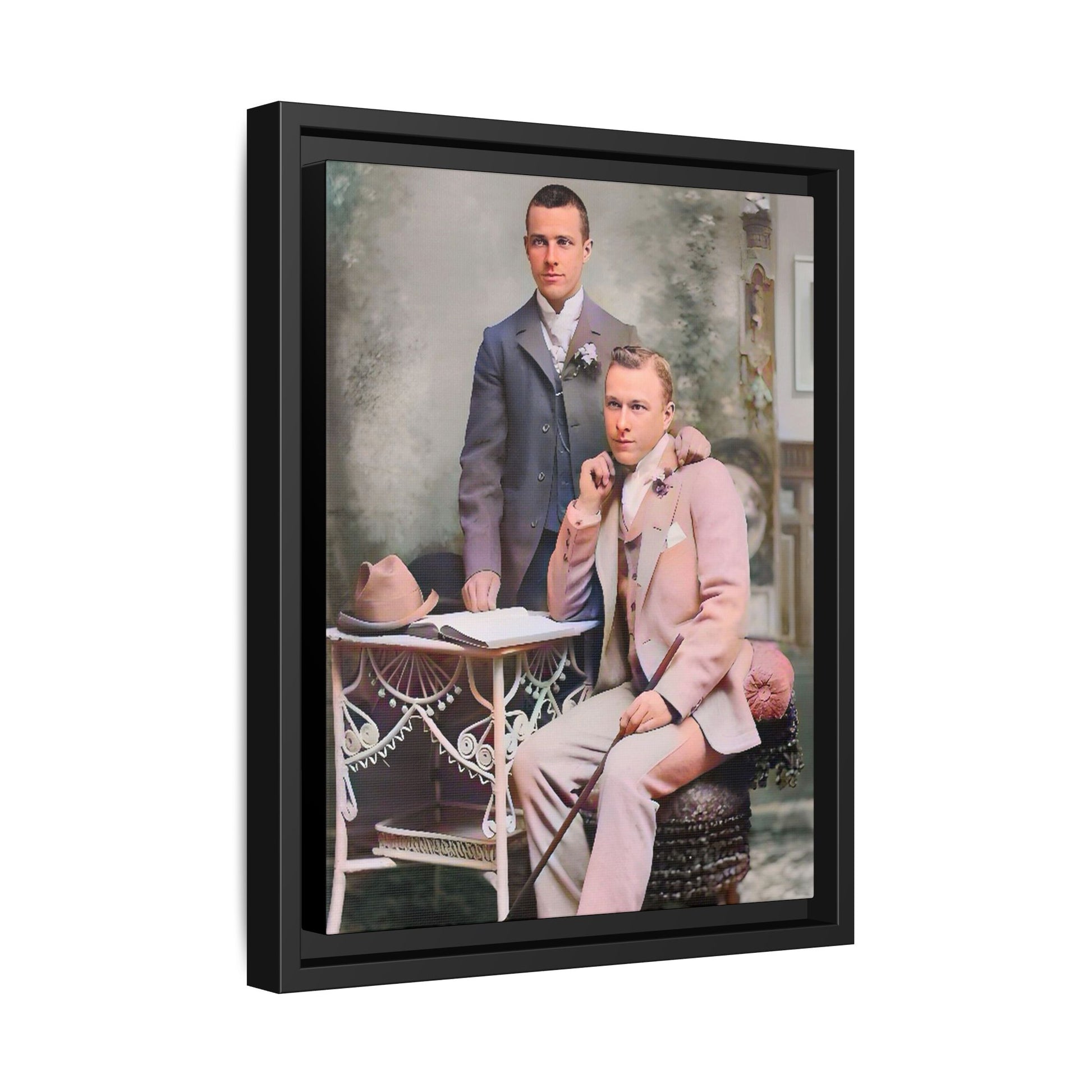 Restored early 1900s photo of Walt and Dewey in tailored suits, posed elegantly in Kansas City, celebrating LGBTQ+ love and resilience, framed as wall art. Gay Coup