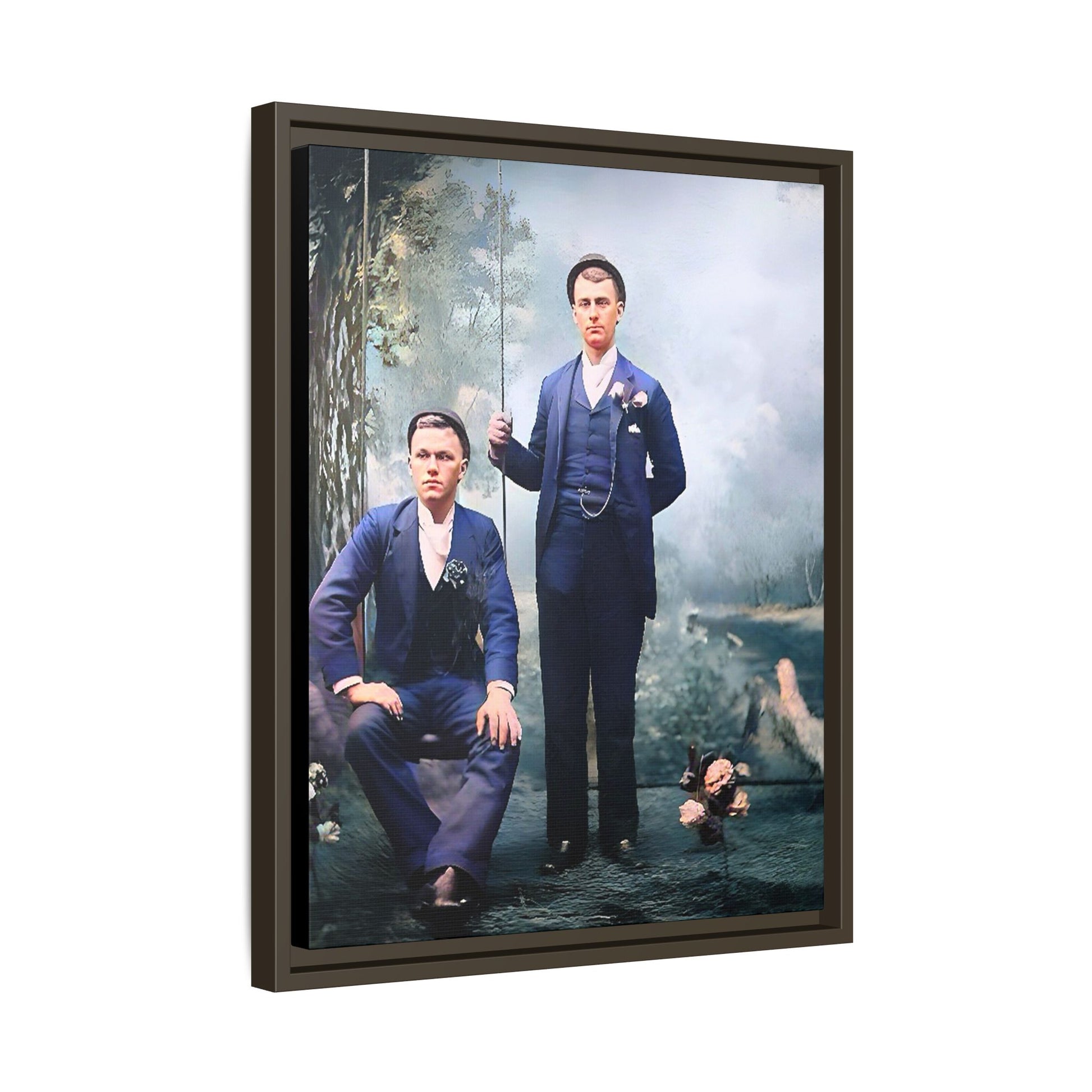 A restored vintage portrait of David & Earnest in Monongahela City, Pennsylvania. This framed matte canvas honors LGBTQ+ history, elegance, and enduring love. Gay Couple