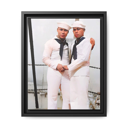A restored vintage photograph of two Navy sailors standing together aboard a naval ship at Apra Harbor, Guam. Dressed in crisp white uniforms, their hands gently clasped, the image captures a quiet moment of strength, devotion, and LGBTQ+ military history.