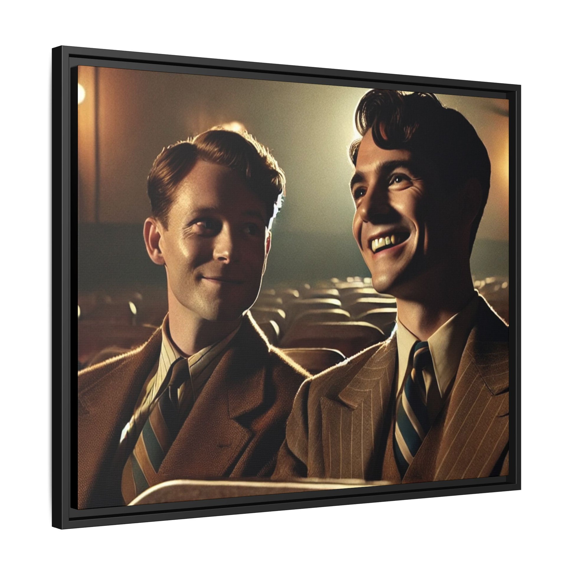 Vintage-style photo of two young men sharing an intimate moment on a date in a 1930s movie theater. Dressed in classic pinstripe suits, their smiles and close connection evoke the warmth and charm of the era, celebrating LGBTQ+ history and timeless romance.