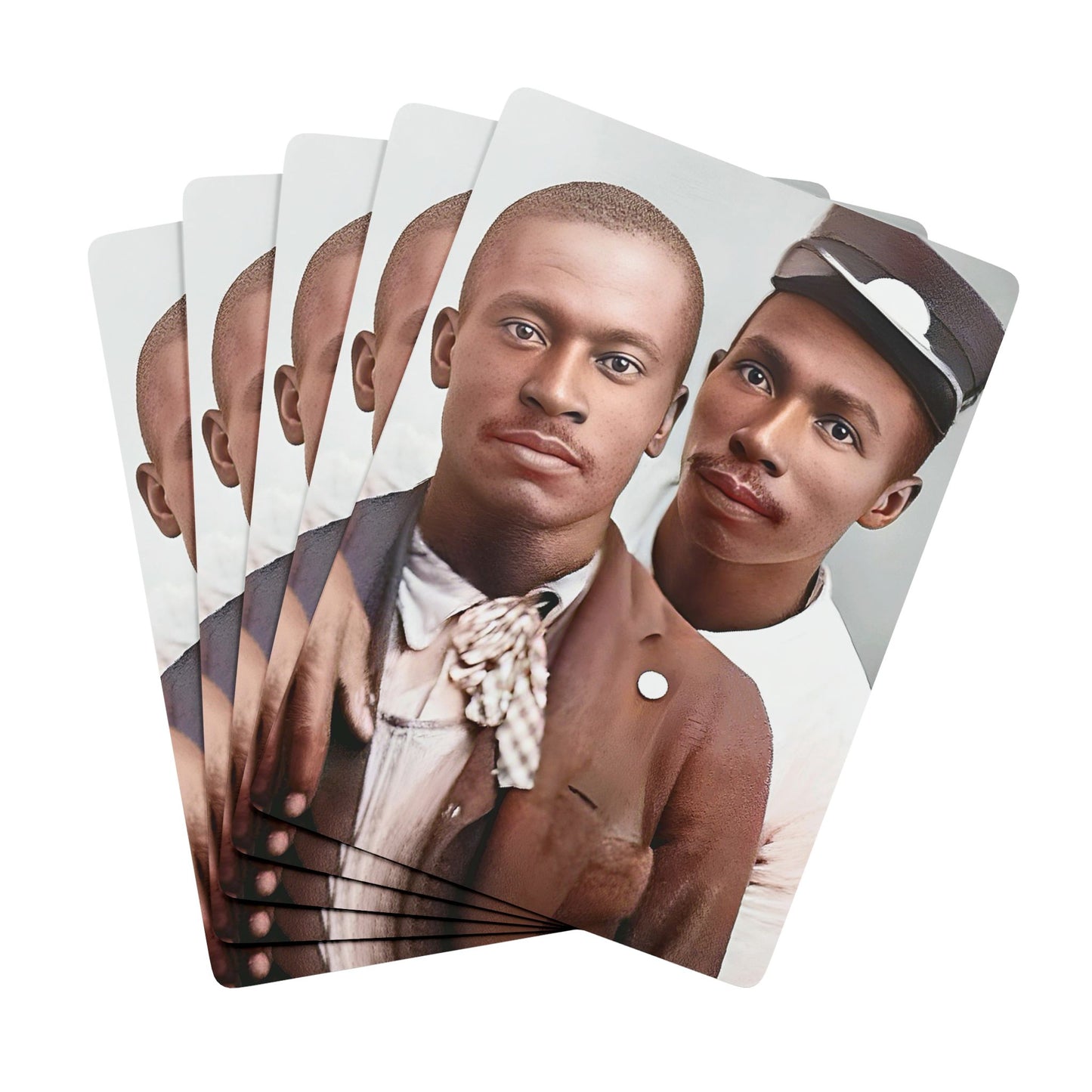 Vintage poker cards featuring a restored studio portrait of two African American men, honoring Black queer history and love. Black Love