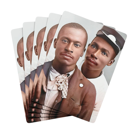 Vintage poker cards featuring a restored studio portrait of two African American men, honoring Black queer history and love. Black Love