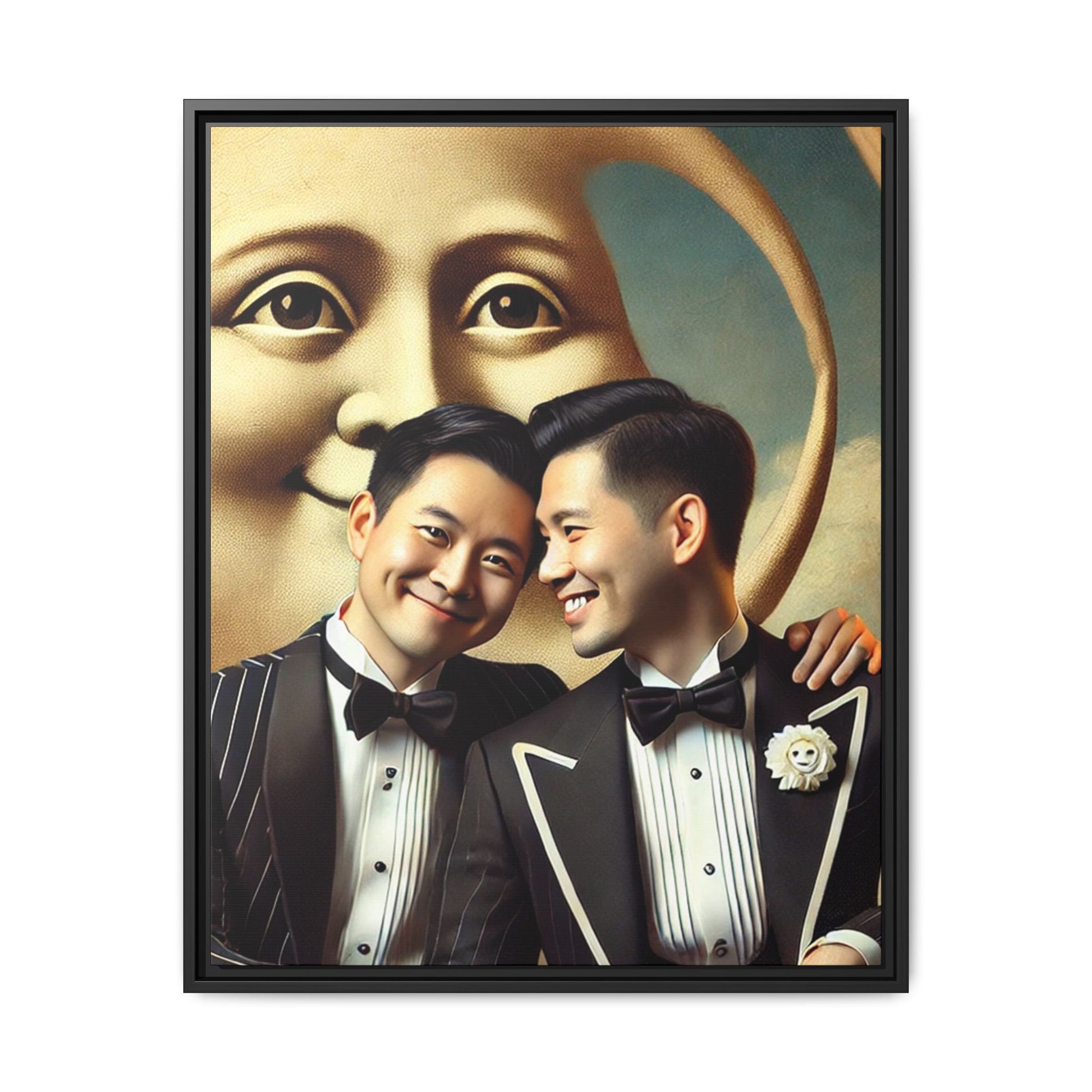 Framed matte canvas featuring a joyful queer Asian couple in tuxedos standing beneath a crescent moon. This artwork, part of the Missing Art Studies series, reimagines erased queer histories with warmth, dignity, and vintage-inspired style.