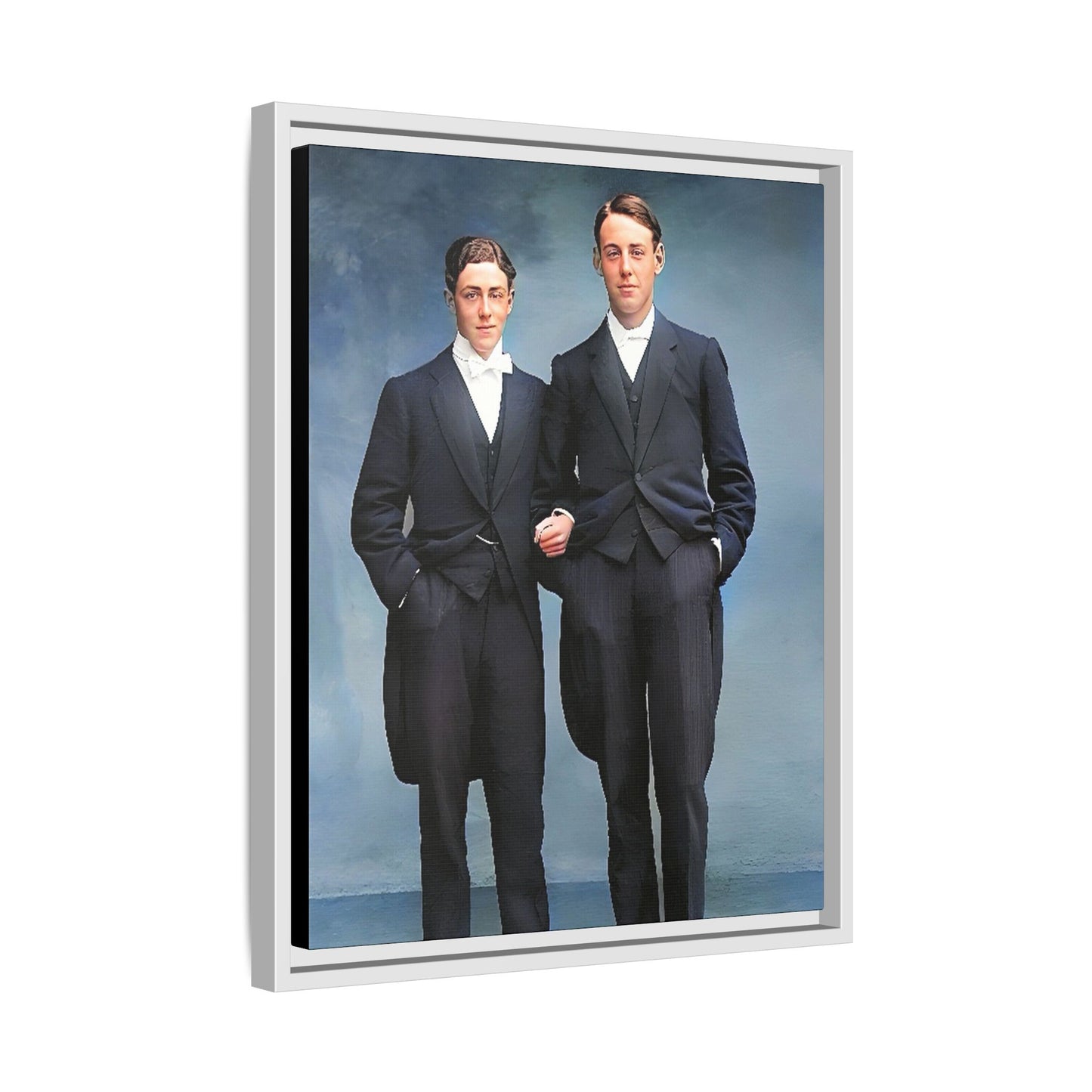 A framed vintage photo on matte canvas featuring a sophisticated LGBTQ+ couple in Rumson, NJ, capturing elegance and timeless love. Gay Formal Prom