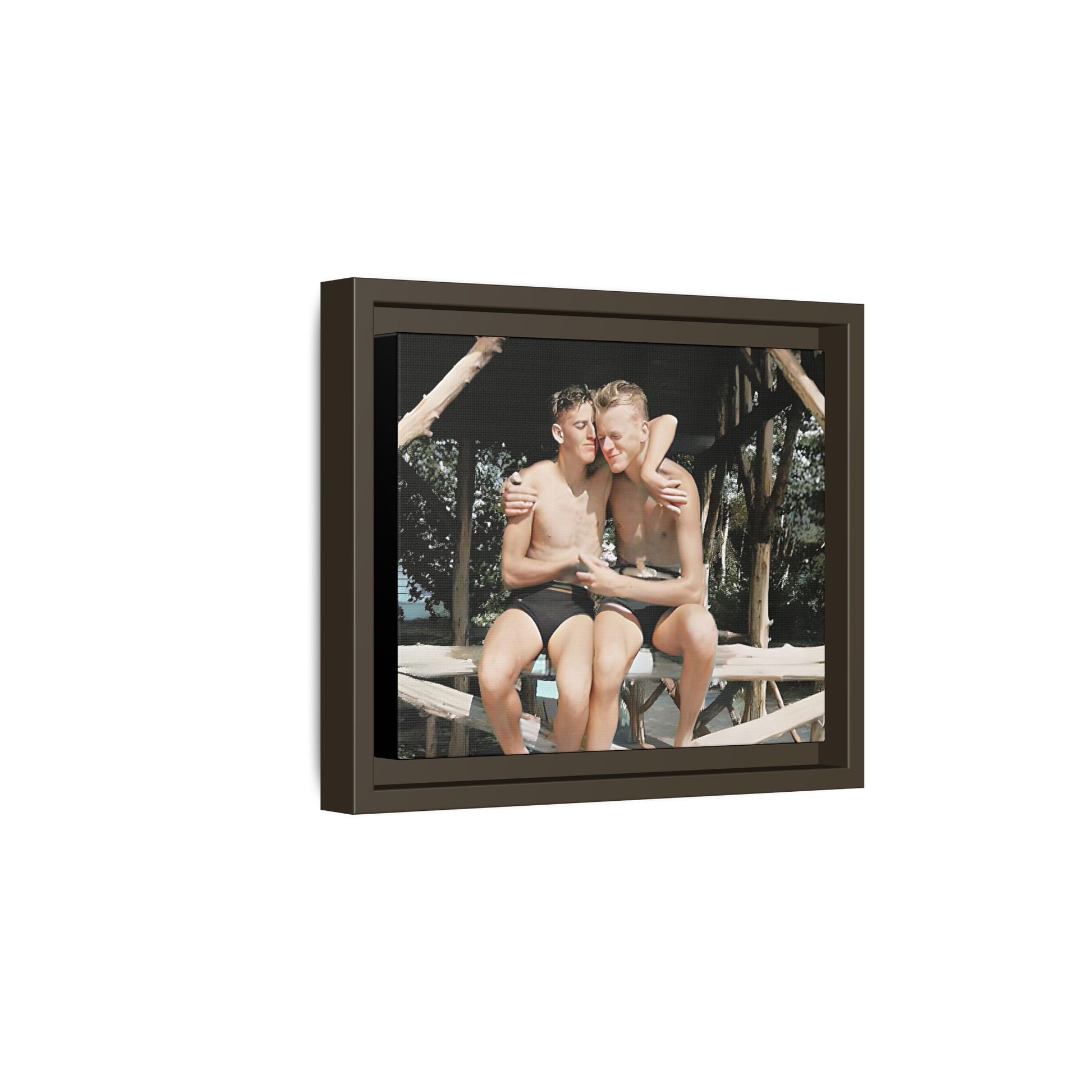 A vintage-inspired framed canvas print featuring Joseph and Billy at Kahena Beach, Hawaii. Their intimate moment under a sunlit pergola captures the warmth of love, freedom, and tropical serenity—perfect for coastal, LGBTQ+, and romantic home decor.
