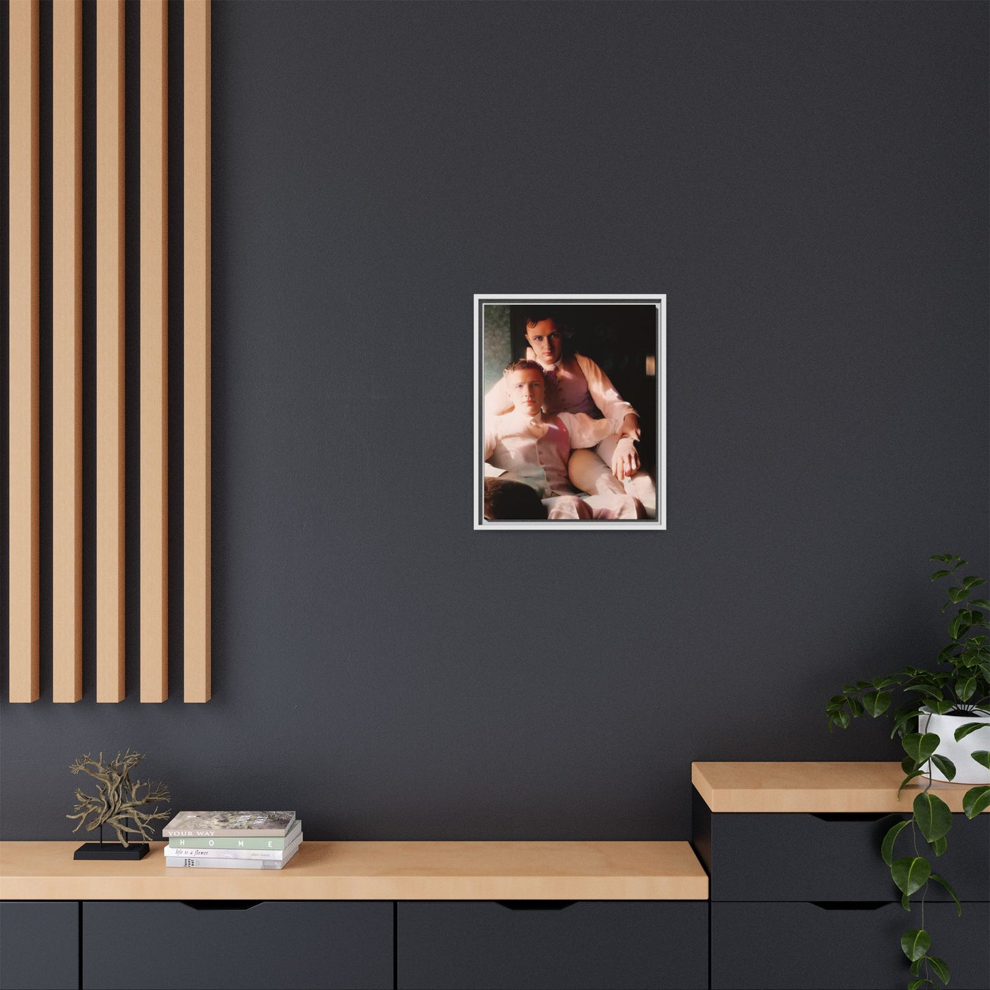 Restored vintage photograph of James and Henry, an early 1900s LGBTQ+ couple from Dayton, Ohio, sharing an intimate, sunlit moment. Framed matte canvas print celebrating love, devotion, and LGBTQ+ history. Gay Couple Affectionate Men