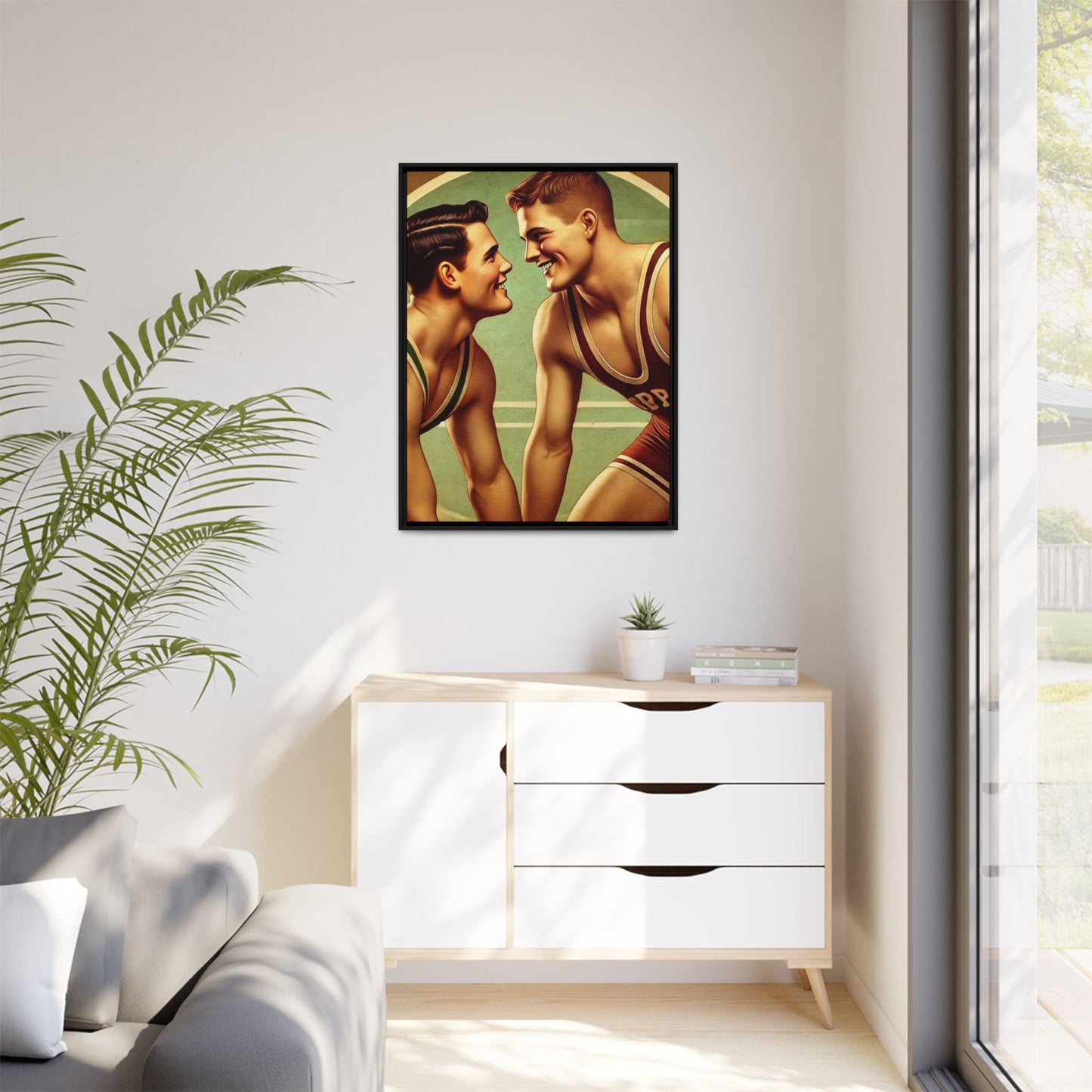 Framed artwork of two young wrestlers in vintage singlets on a stylized mat, inspired by Grant Wood's nostalgic Americana style.