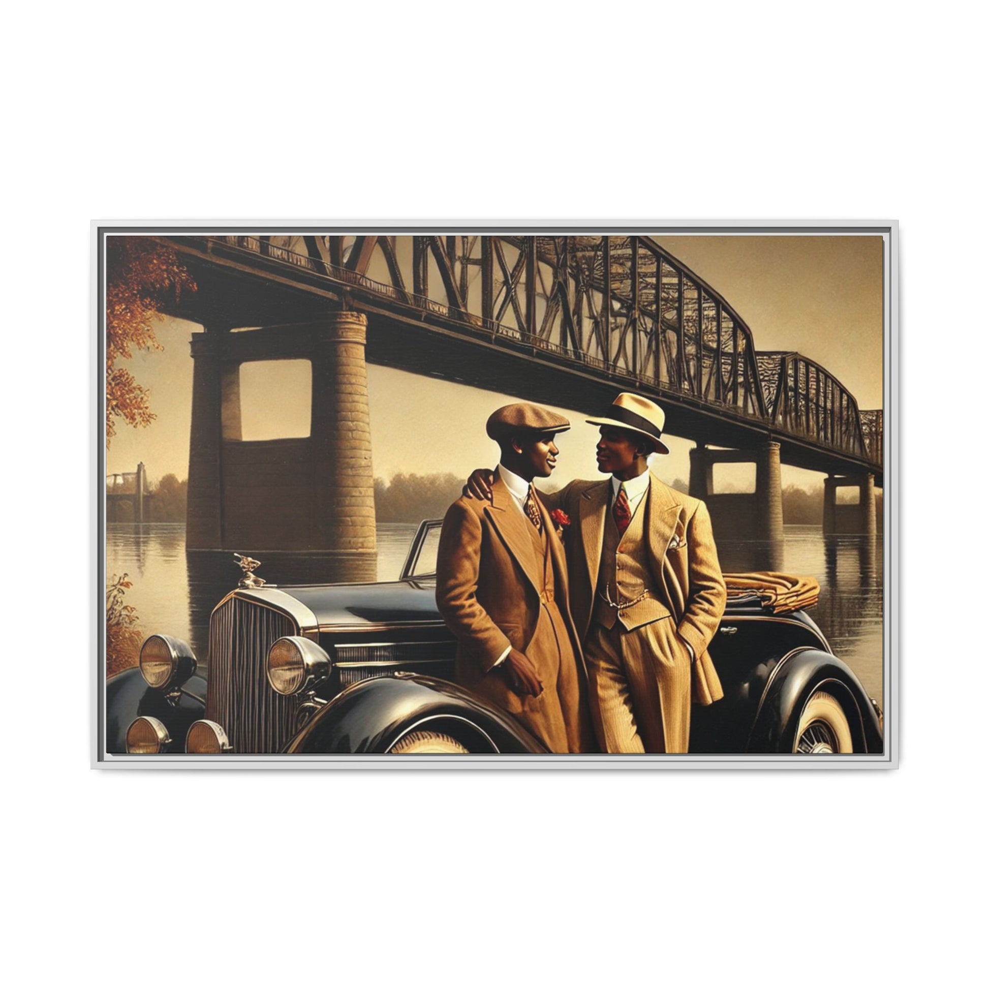 Vintage-style artwork of an African-American gay couple in the 1930s with a Packard car by the Mississippi River, celebrating love and inclusivity.