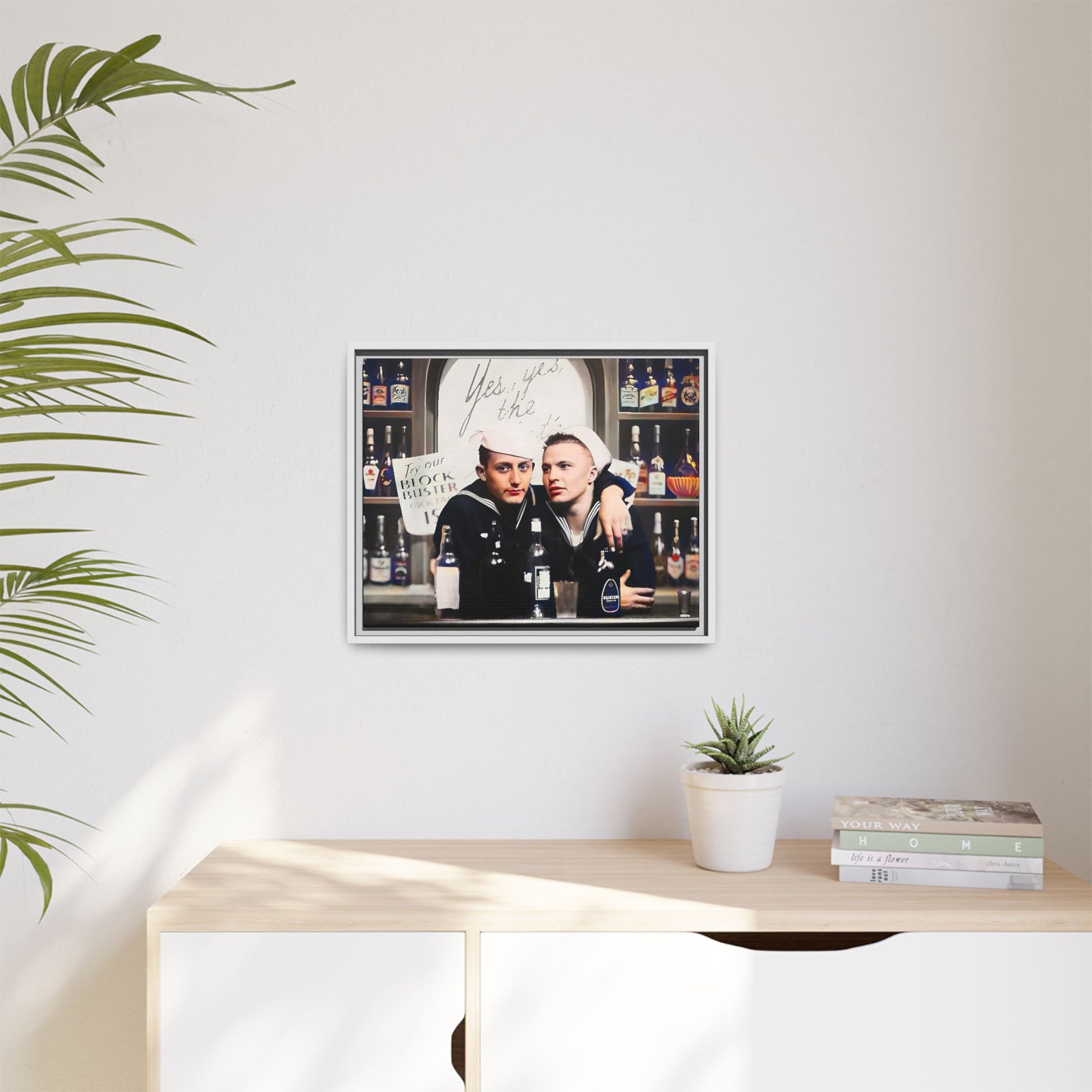 A restored vintage photo of Matt & Cory at Naval Air Station Alameda, CA. This framed matte canvas print captures camaraderie, LGBTQ+ history, and the spirit of military service, making it a unique and nostalgic keepsake for history lovers. Gay Couple Sailors