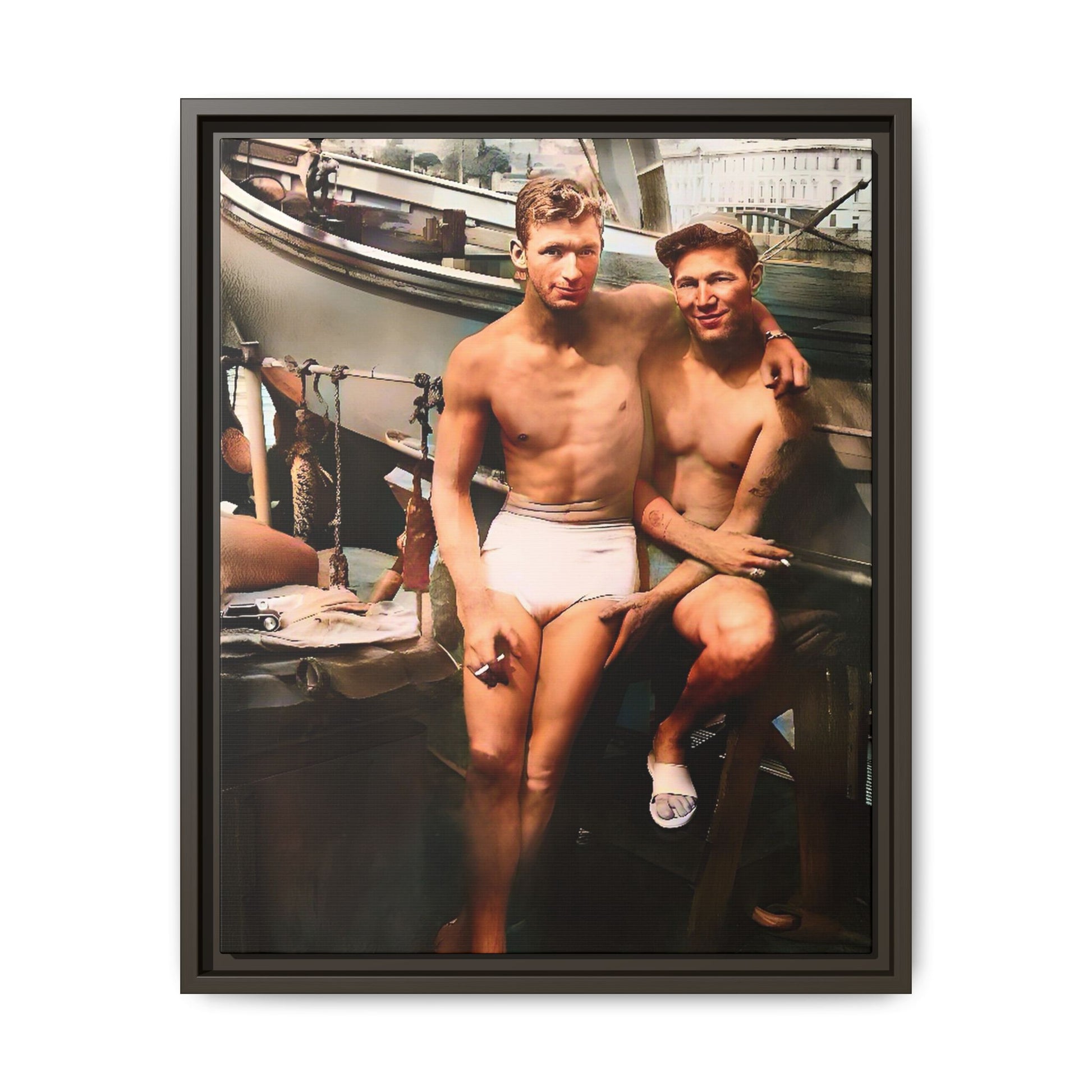 A framed vintage nautical portrait on matte canvas featuring Richard and Joey in Gulf Shores, Alabama, capturing timeless LGBTQ+ connection and coastal charm. Gay Couple