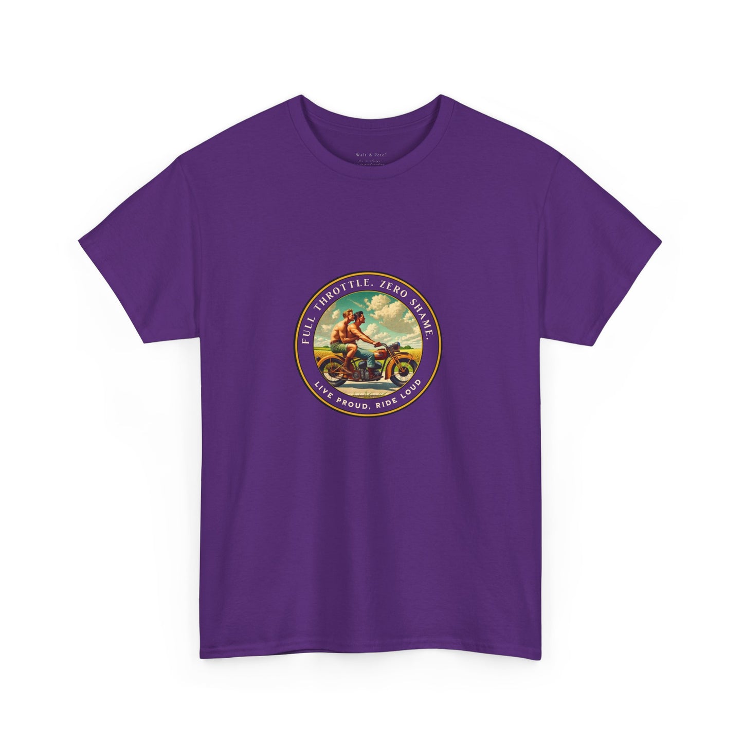 Celebrate queer Latinx pride with this bold vintage-inspired t-shirt from Walt & Pete®. Featuring two shirtless Latino men riding a motorcycle beneath the empowering text “Full Throttle. Zero Shame” and “Live Proud. Ride Loud,” this shirt honors LGBTQ+ love, freedom, and fearless self-expression.