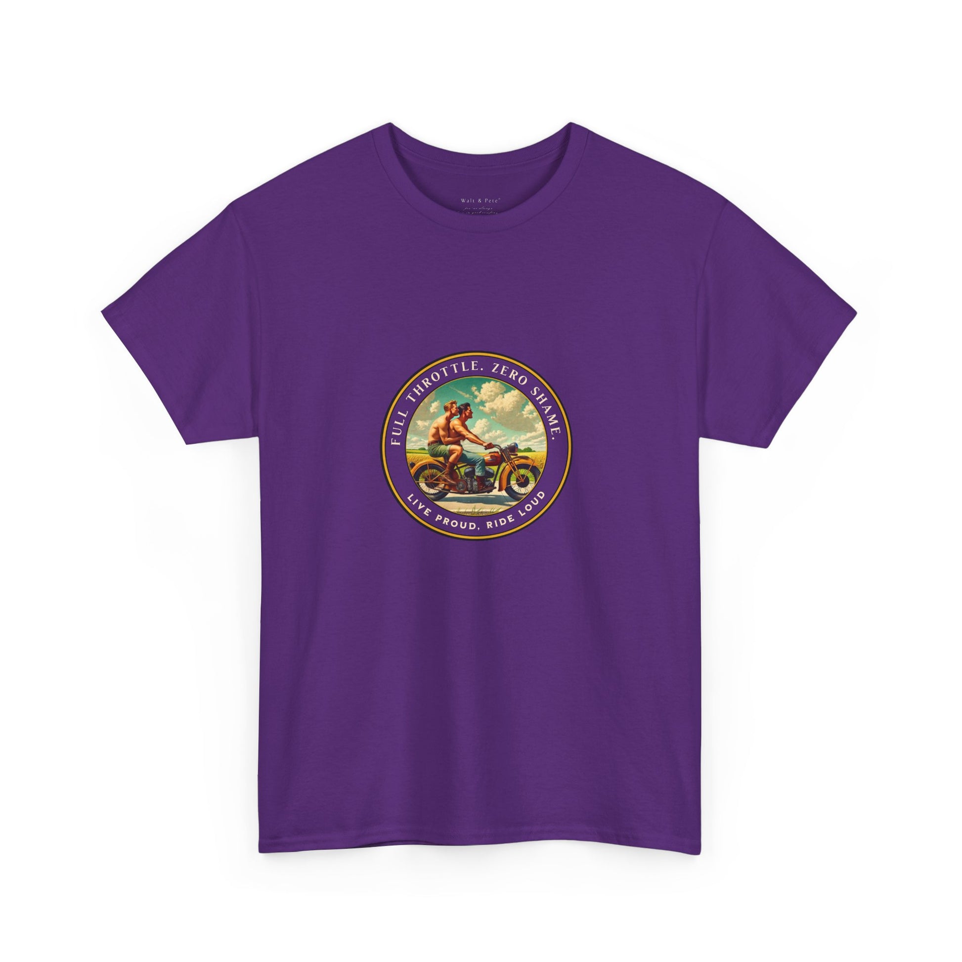Celebrate queer Latinx pride with this bold vintage-inspired t-shirt from Walt & Pete®. Featuring two shirtless Latino men riding a motorcycle beneath the empowering text “Full Throttle. Zero Shame” and “Live Proud. Ride Loud,” this shirt honors LGBTQ+ love, freedom, and fearless self-expression.