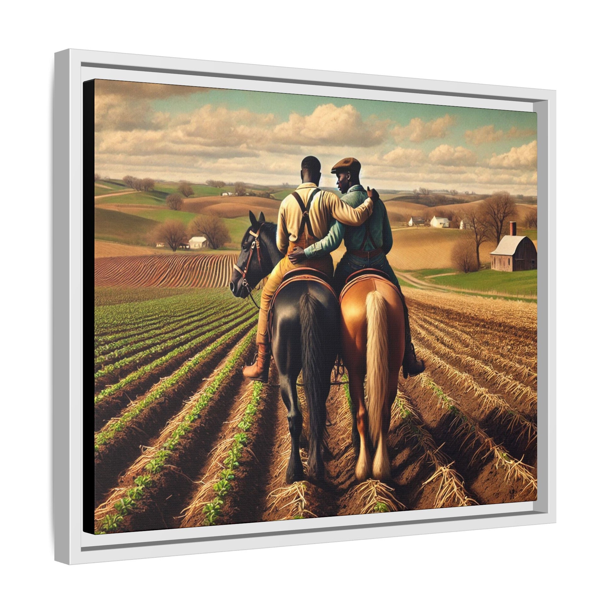 Artwork of an African-American gay couple riding horseback through expansive farmland, sharing a tender moment as they overlook lush fields. Dressed in rugged vintage attire, this scene captures resilience, love, and the charm of rural life, celebrating LGBTQ+ history and African-American heritage.