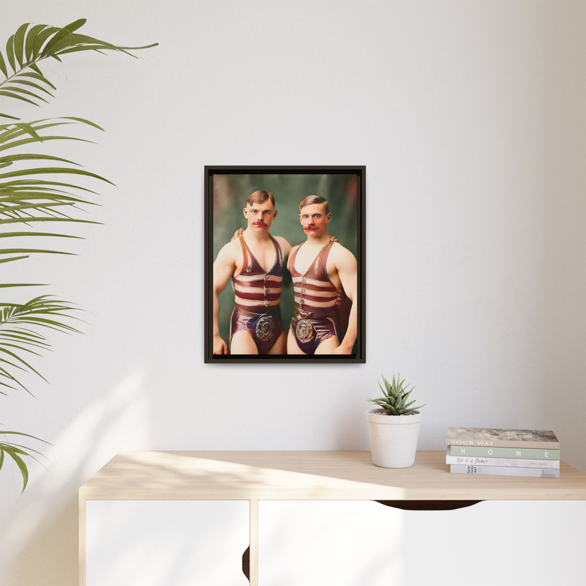 Restored early 1900s vintage photograph of Oscar and Herman in Pittsburgh, Pennsylvania, wearing striped singlets. Framed matte canvas art celebrating love, strength, and LGBTQ+ history. Gay Circus Couple Performers