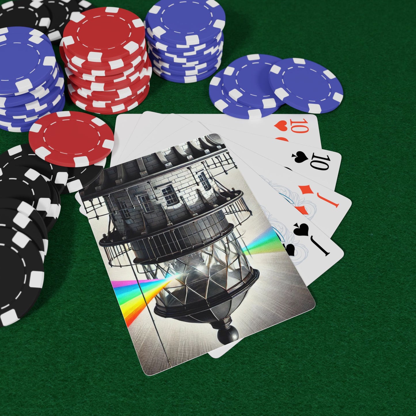 Be The Beacon Poker Cards featuring a lighthouse casting vibrant rainbow beams, symbolizing LGBTQ+ pride & resilience.