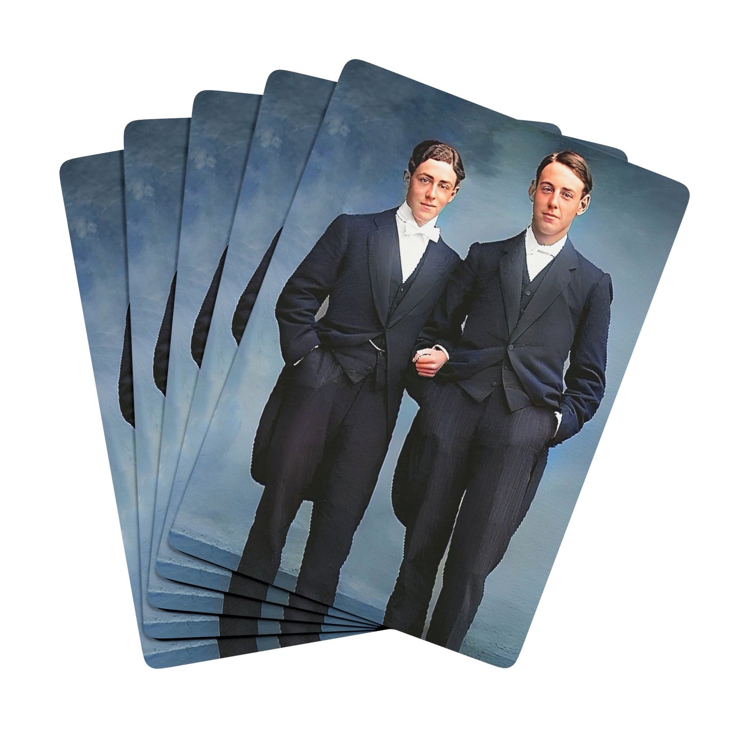 Vintage photo of an elegantly dressed gay couple in tuxedos, interlinked arms symbolizing trust, commitment, and love.