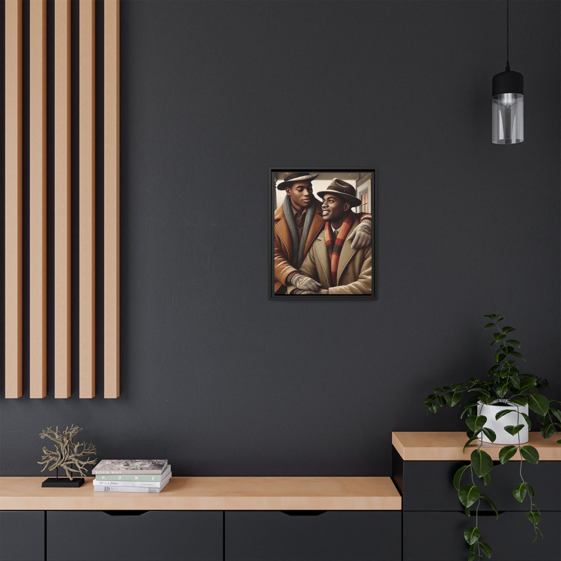 Artwork of an African-American queer couple sharing a cozy winter moment on a porch. Dressed in vintage winter attire with fedoras, scarves, and warm coats, they exchange affectionate gazes amidst softly falling snow, capturing love, warmth, and intimacy in a nostalgic winter setting.