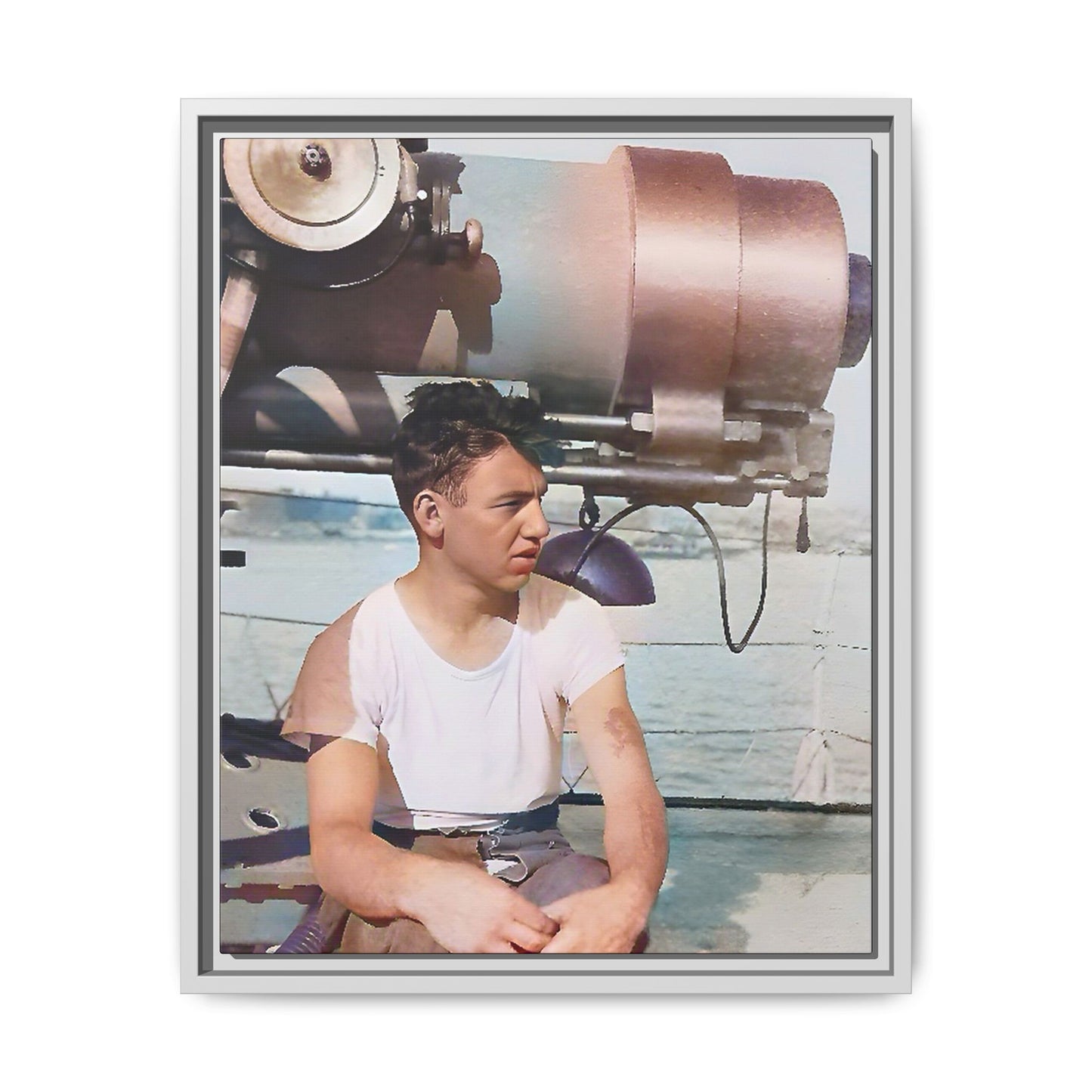 A restored vintage portrait of Harvey aboard the USS Oklahoma (BB-37). This framed matte canvas honors naval history, resilience, and service. Battleship Photo
