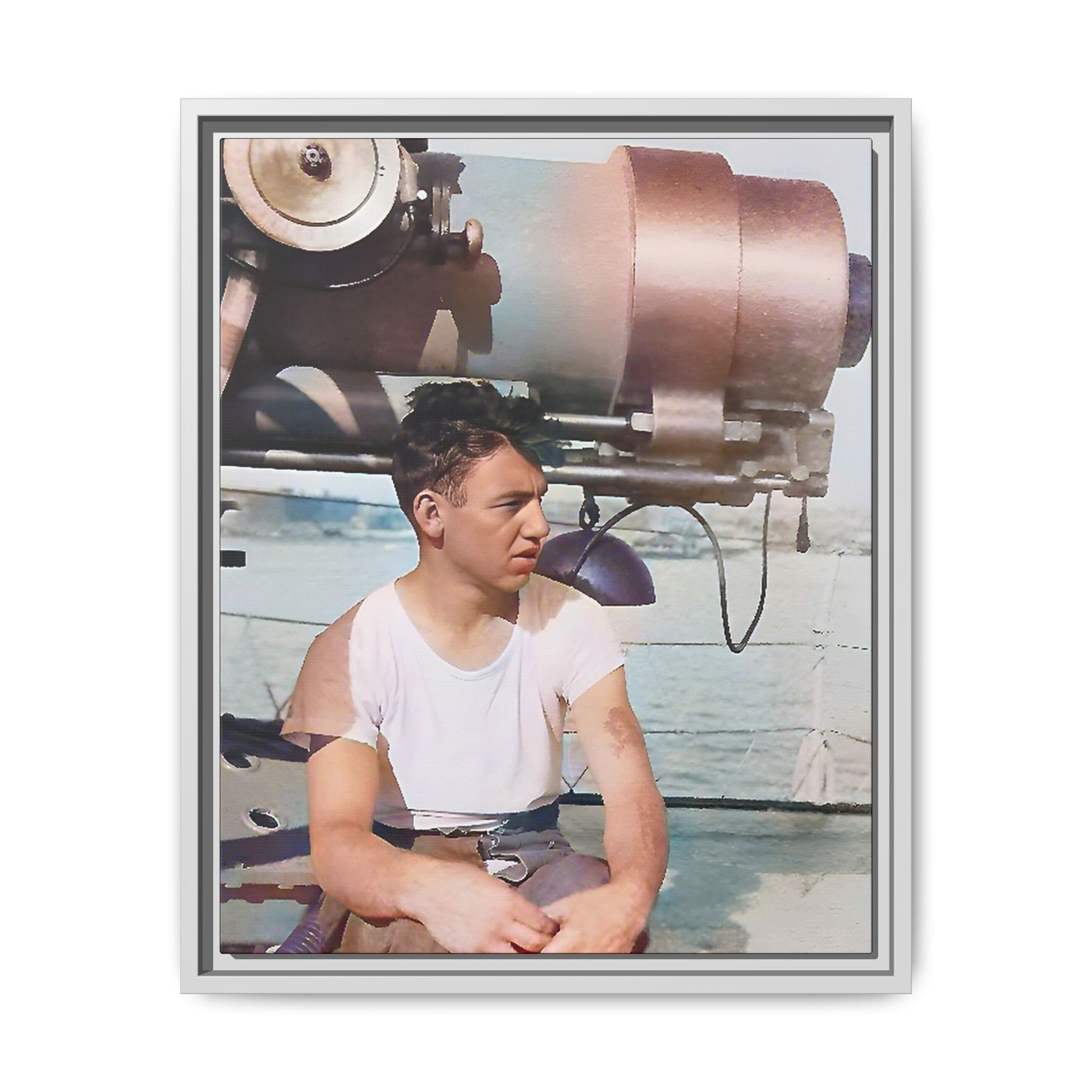 A restored vintage portrait of Harvey aboard the USS Oklahoma (BB-37). This framed matte canvas honors naval history, resilience, and service. Battleship Photo