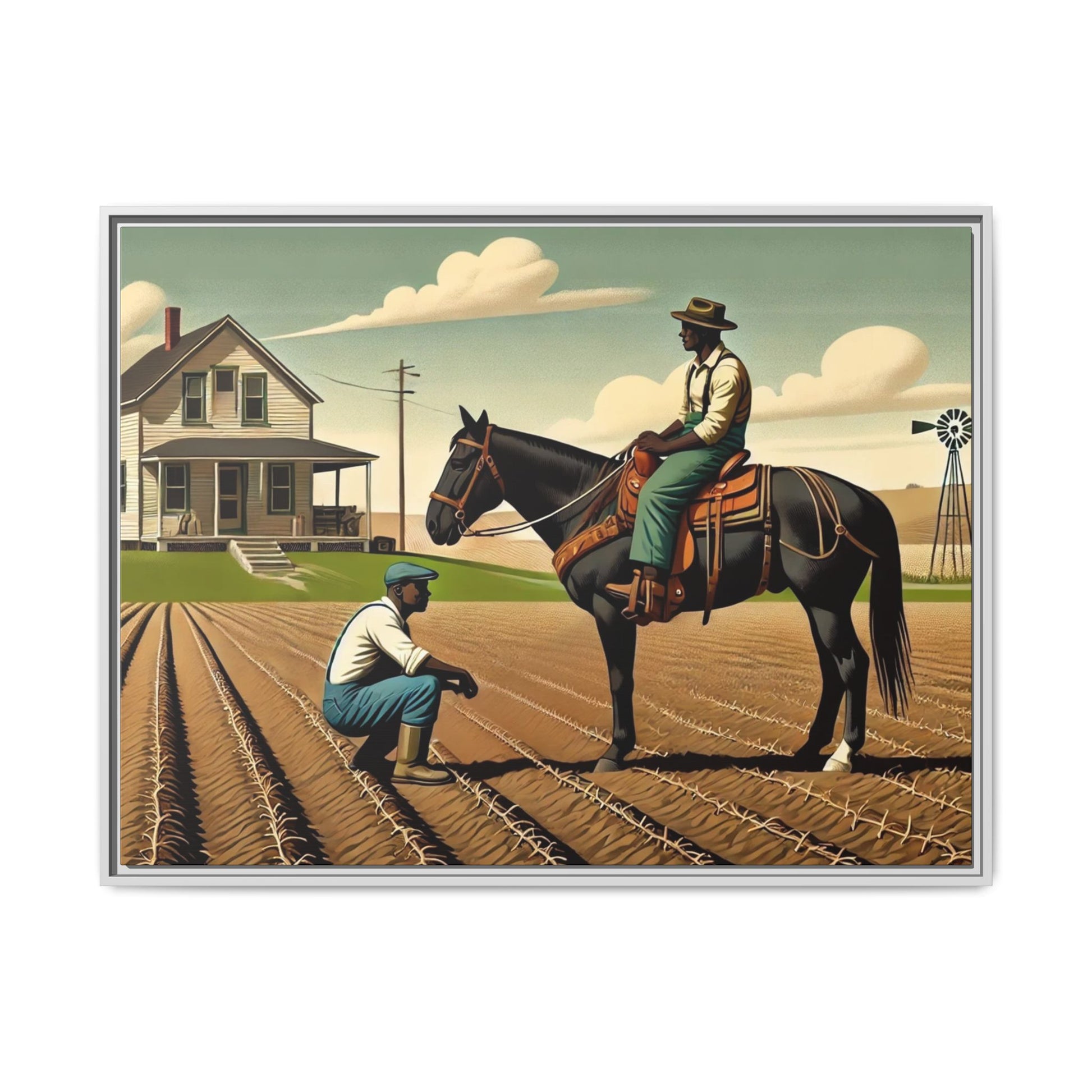 Artwork of an African American queer couple working together on a farm in a serene, vintage-inspired landscape. One man sits on horseback, gazing warmly at his partner, who examines the soil, symbolizing their partnership in both love and labor. The scene captures resilience, companionship, and the beauty of rural life.