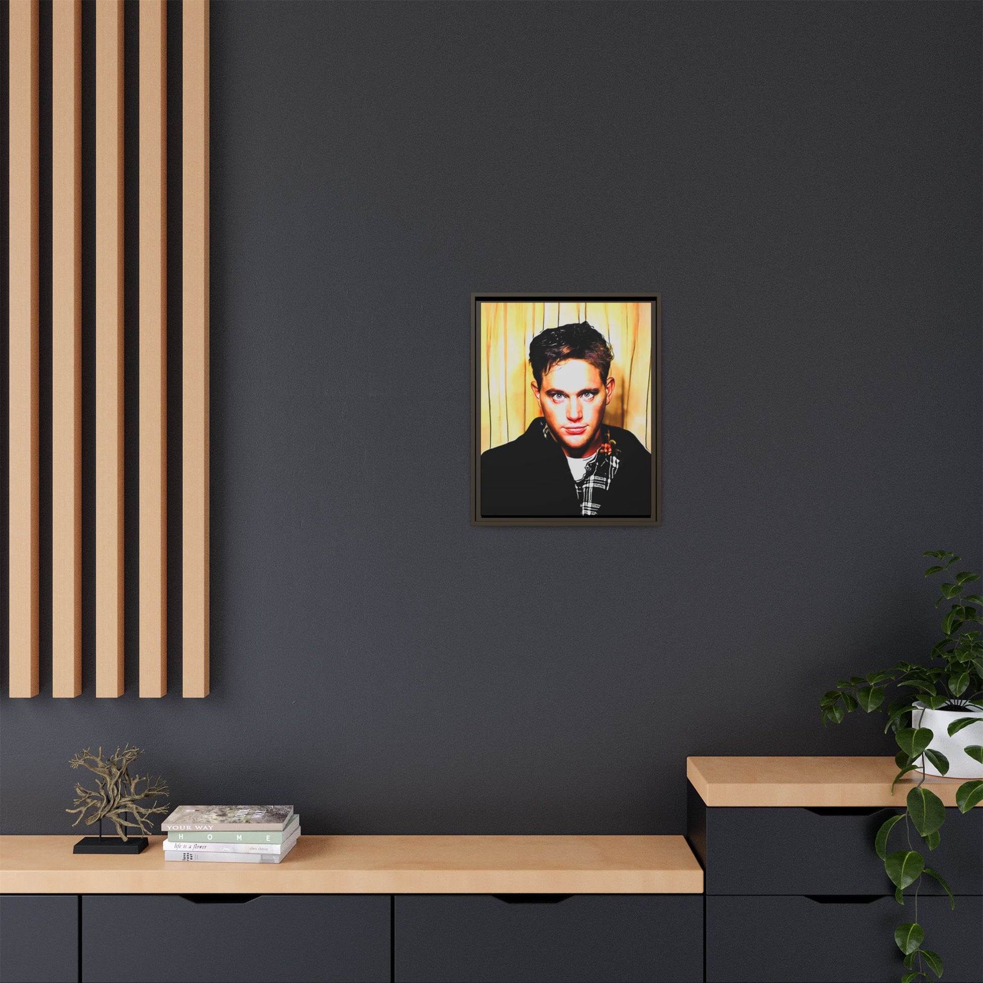 A nostalgic 90s photo booth portrait of Jake at Deadwood Bar, Iowa City. This framed matte canvas print captures quiet reflection, vintage charm, and raw authenticity, making it a striking statement piece for lovers of retro photography and moody decor.