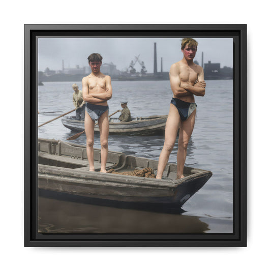 Restored vintage photograph of two figures standing on a small boat at an industrial waterfront