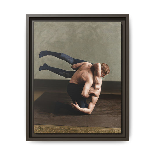 2. Restored historical wrestling photograph reproduced as vertical framed canvas wall art