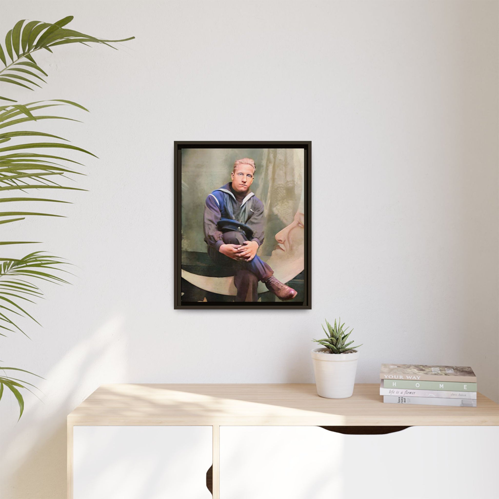 A vintage U.S. Navy sailor portrait featuring Jacob in uniform with a crescent moon backdrop. This framed matte canvas print is a timeless tribute to naval service, ideal for military history collectors, veterans, and nautical decor lovers. Art Deco Paper Moon Prop