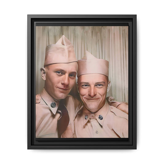 A framed vintage army portrait on matte canvas featuring two soldiers at Puget Sound Naval Shipyard, symbolizing friendship and service. Gay Couple Photo Booth