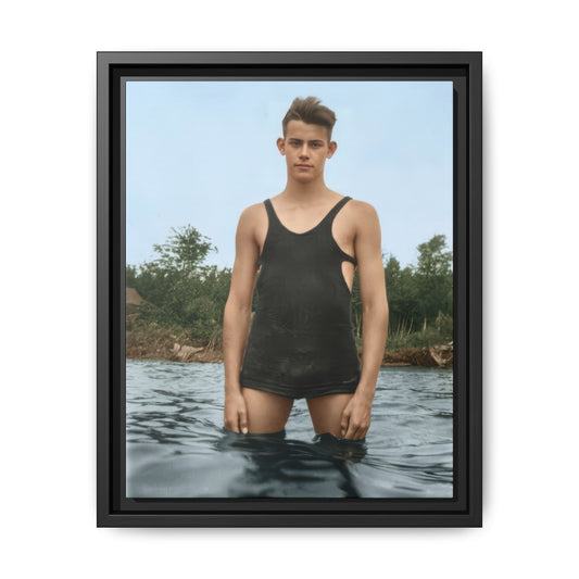 Man standing in shallow water wearing vintage swimwear early 1900s