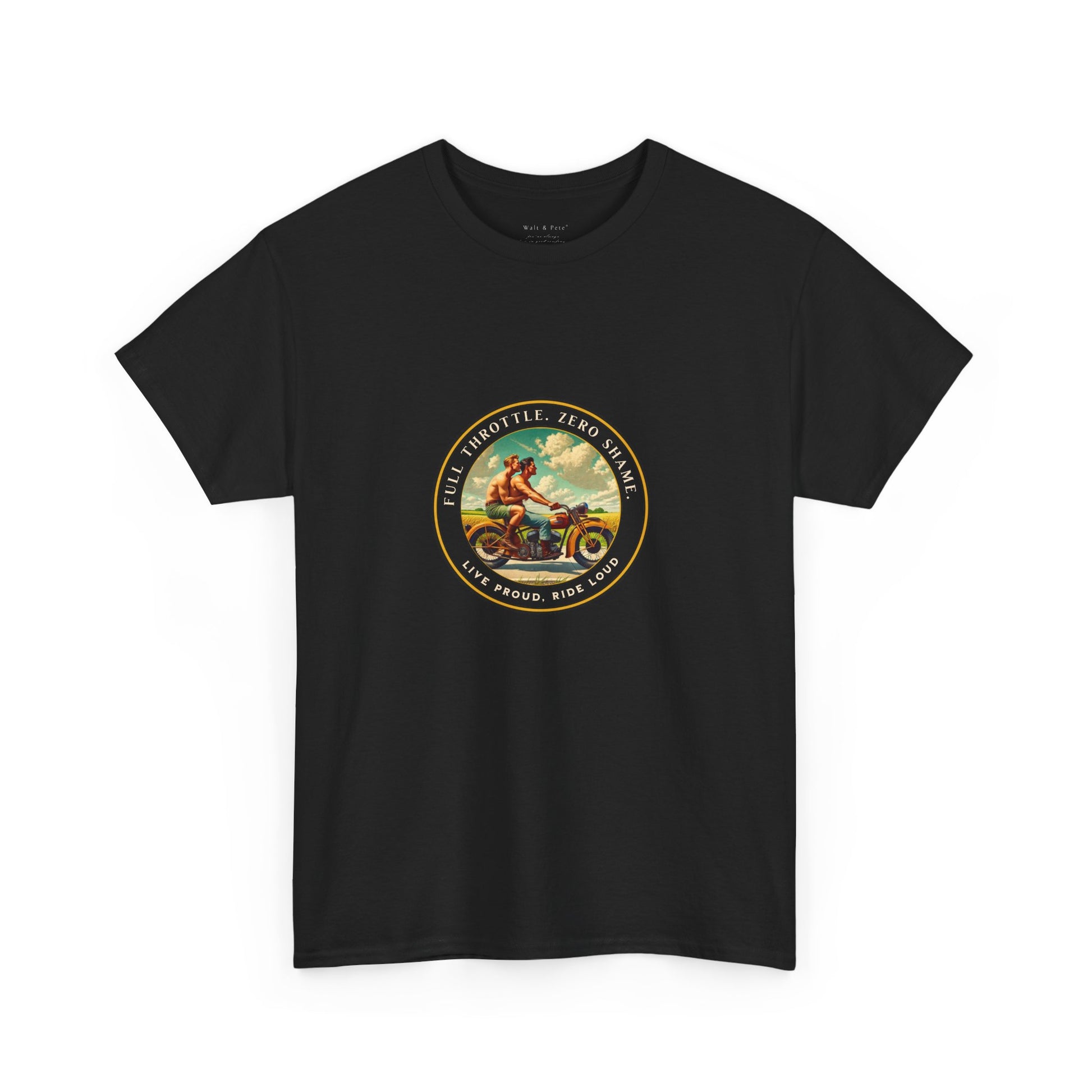 Celebrate queer Latinx pride with this bold vintage-inspired t-shirt from Walt & Pete®. Featuring two shirtless Latino men riding a motorcycle beneath the empowering text “Full Throttle. Zero Shame” and “Live Proud. Ride Loud,” this shirt honors LGBTQ+ love, freedom, and fearless self-expression.